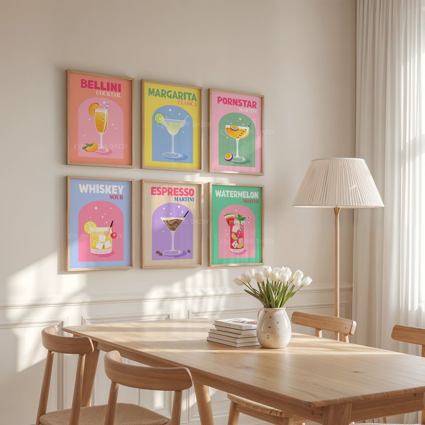 Set of 6 cocktail posters in vibrant tones, digital art prints for fun kitchen gallery wall or colorful dining room decor