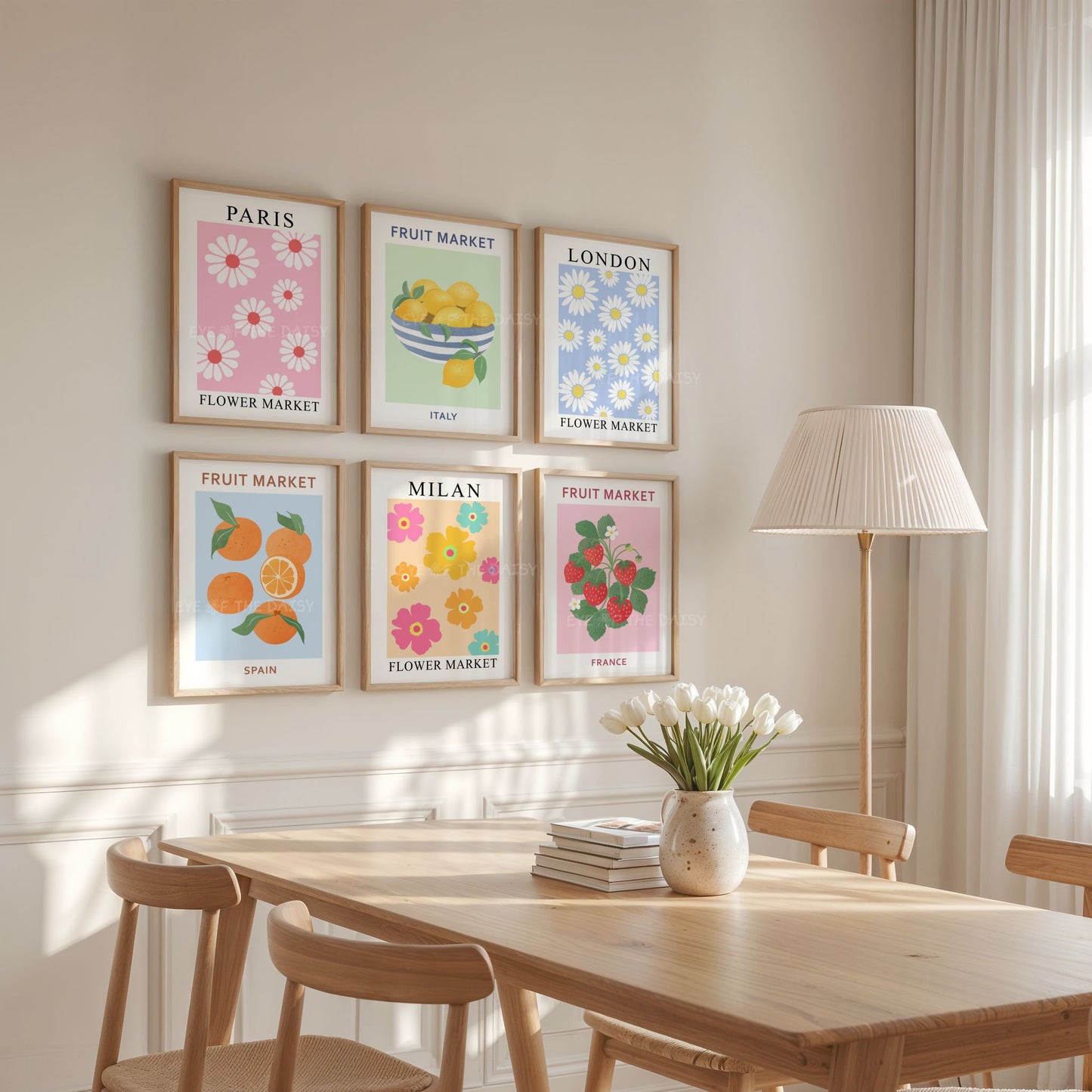 Colourful modern Scandi art print set of 6 — abstract fruit and flower market digital download, perfect printable wall decor for trendy dining areas