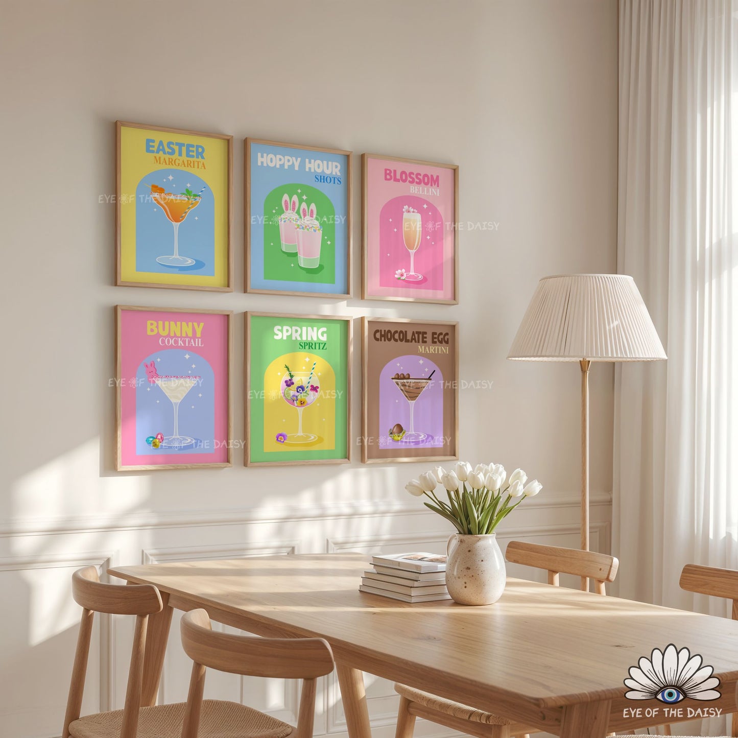Spring cocktail print set of 6, colorful pastel whimsical Easter gallery wall set for Easter party decor
