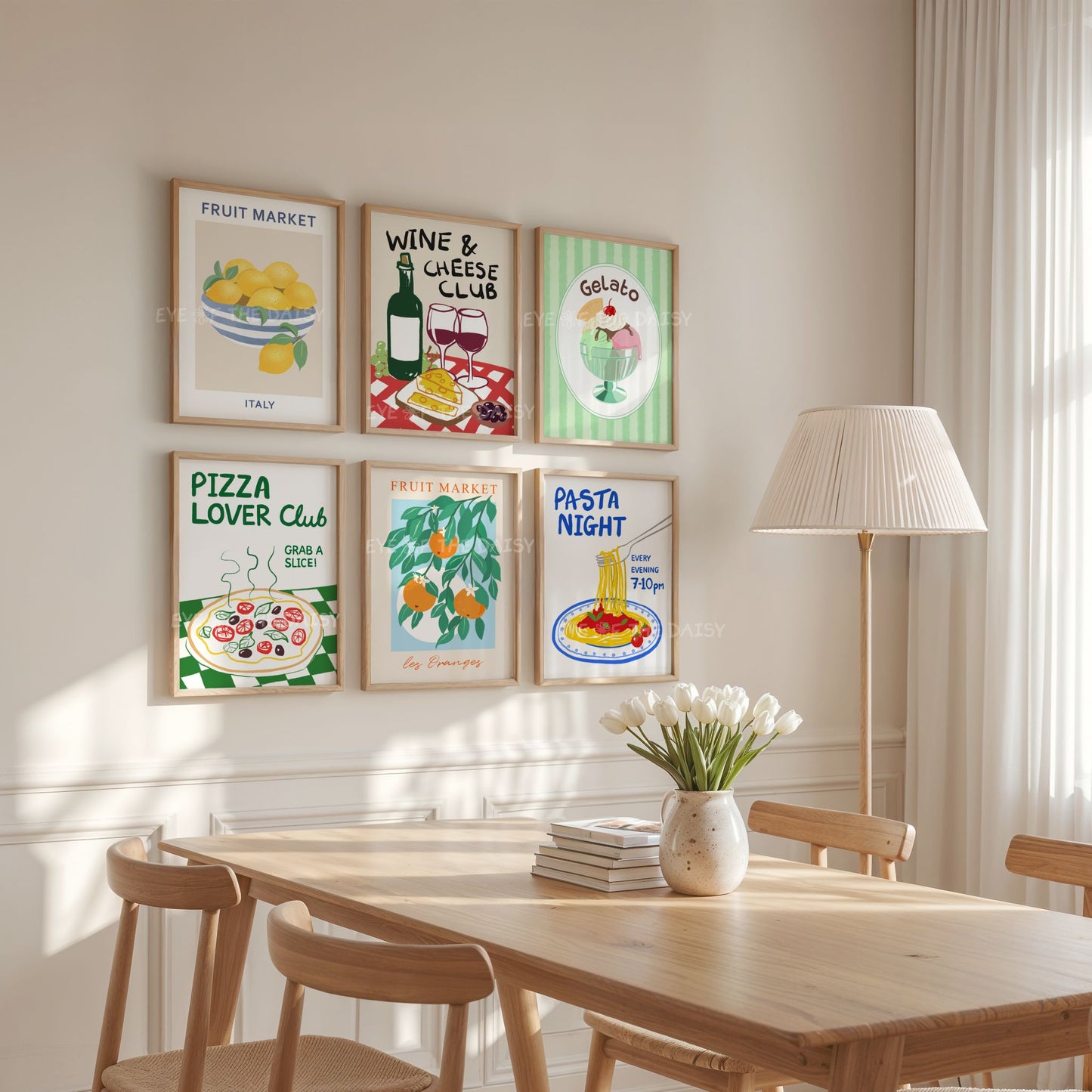 Trendy hand drawn dinner party print set of 6 with Italian themed food & drink artwork - DIY printable wall decor