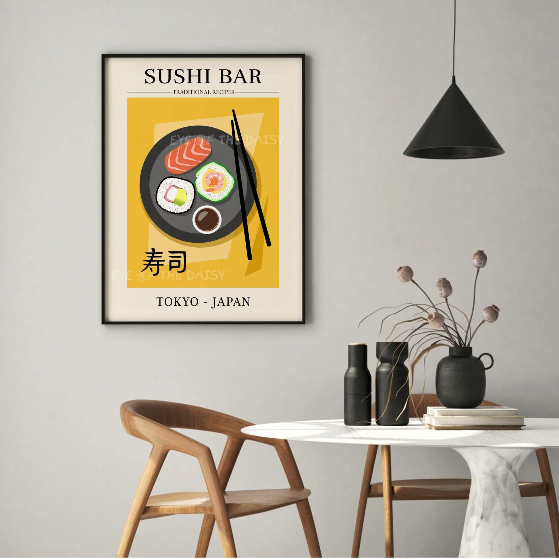 Hand-drawn sushi art print, colorful and modern food poster download for eclectic or contemporary dining room gallery wall