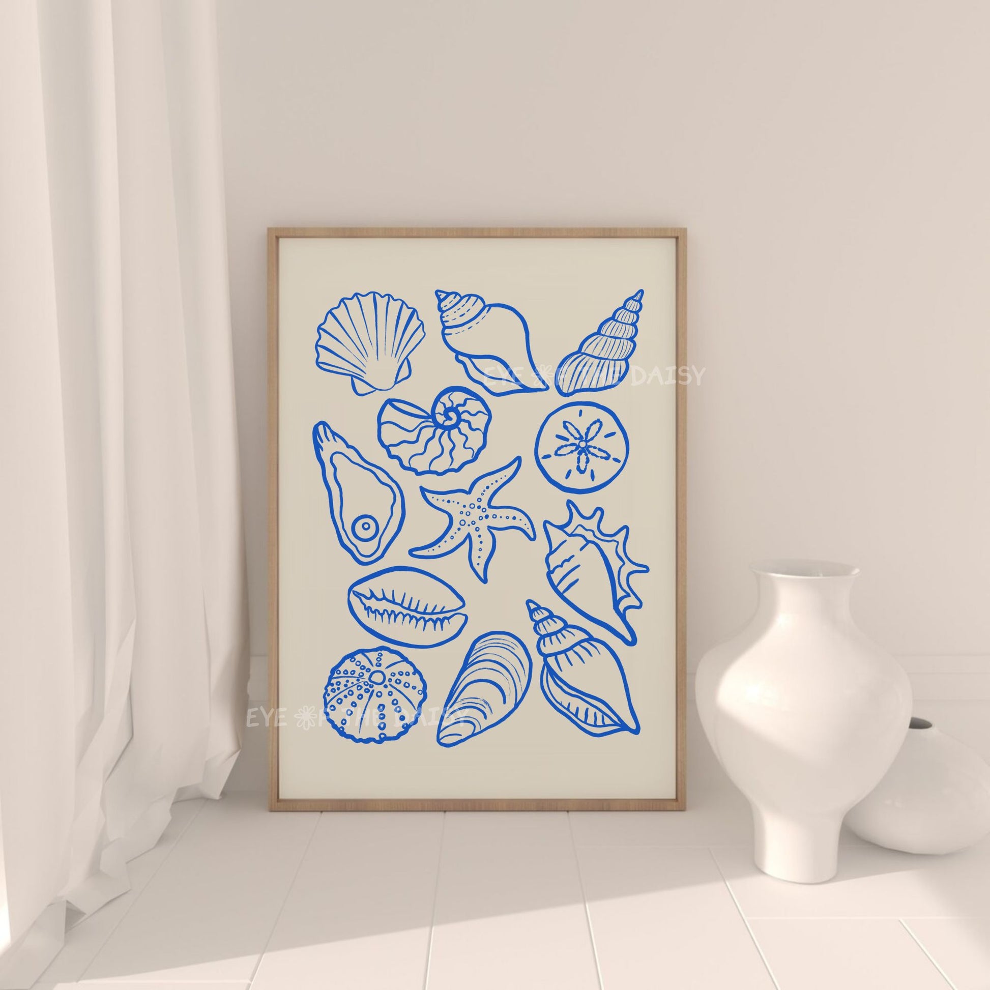 Trendy blue shells print digital download with hand drawn sketch of different types of shells on beige