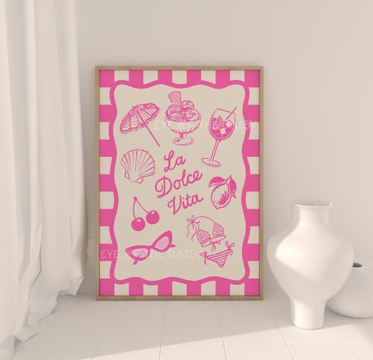 Bright pink La Dolce Vita poster – trendy Italian summer wall art, perfect digital download for summer rental wall decor
