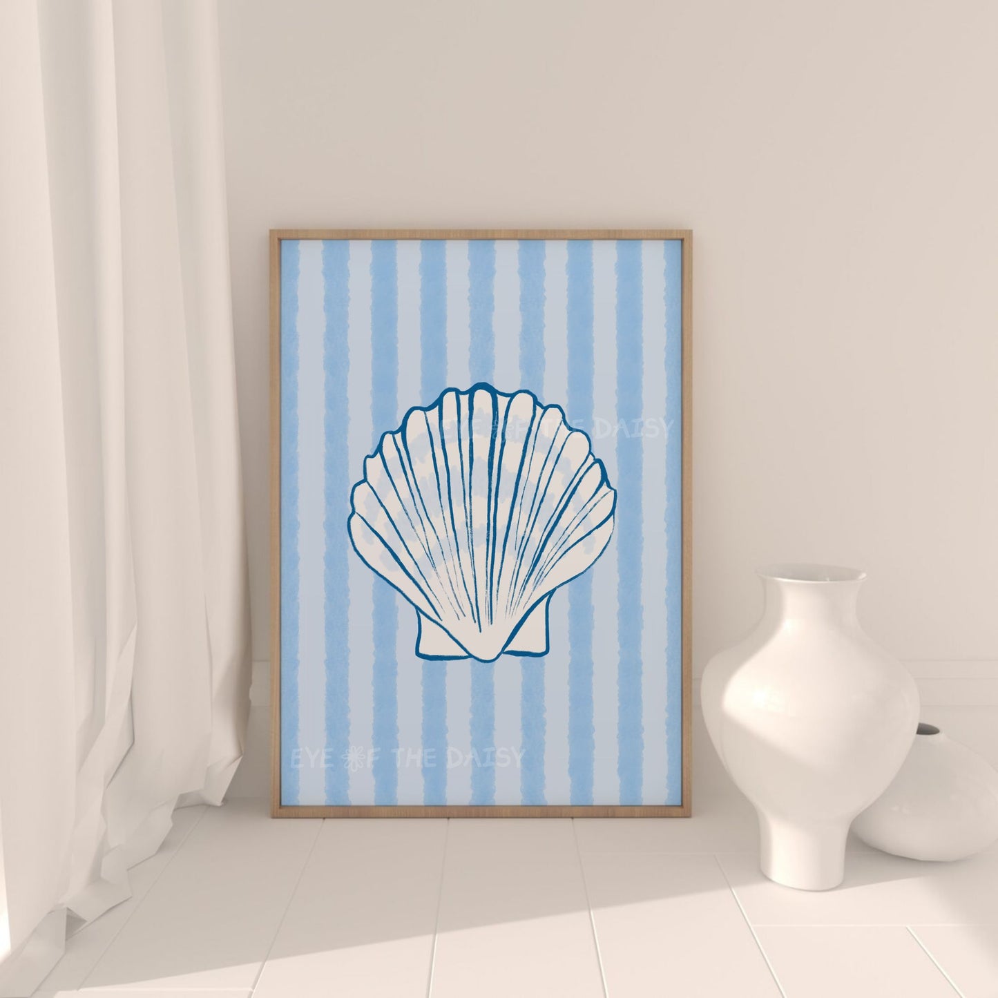 Blue sea shell print digital download - hand drawn shell on vintage blue striped background in a chic coastal beach house