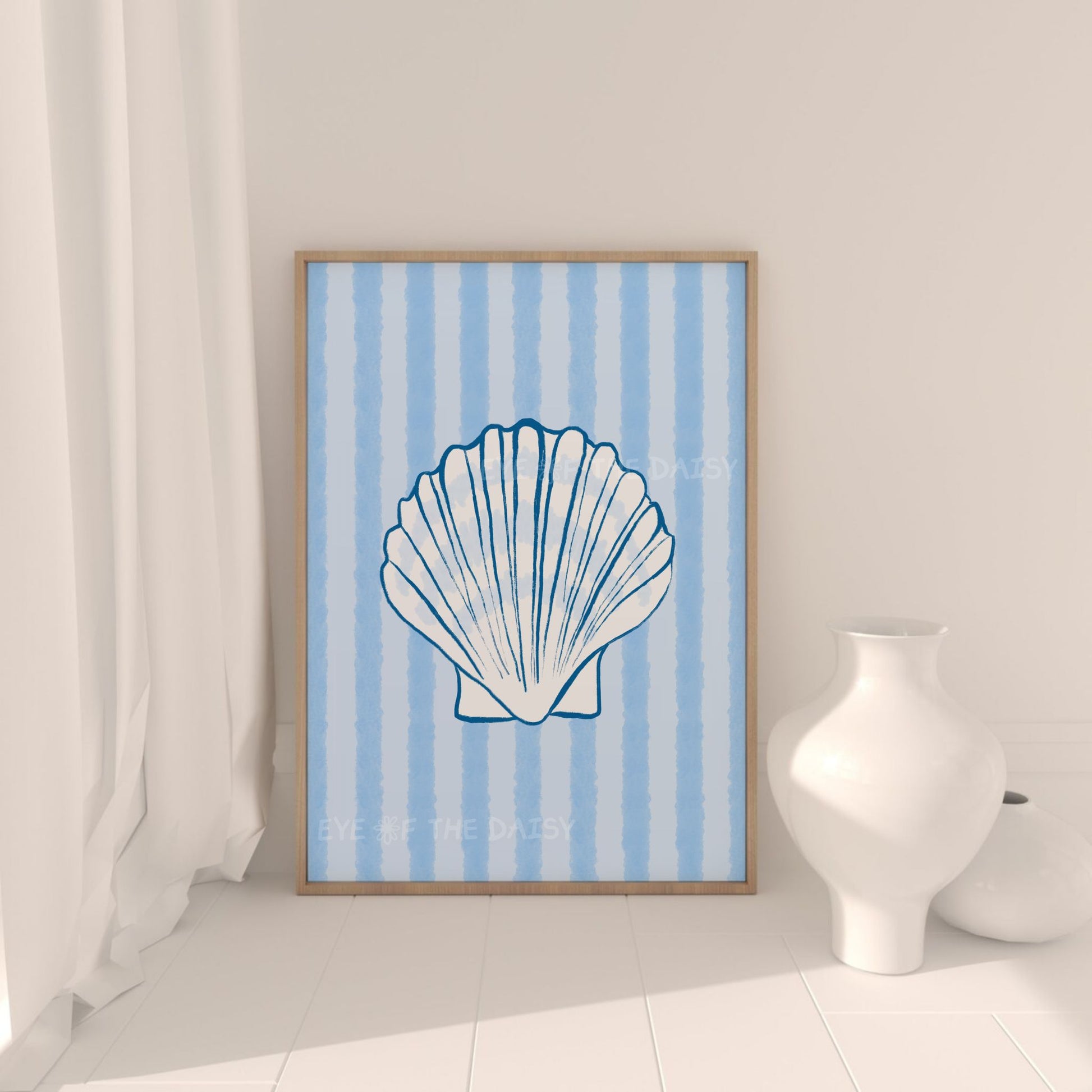 Blue sea shell print digital download - hand drawn shell on vintage blue striped background in a chic coastal beach house