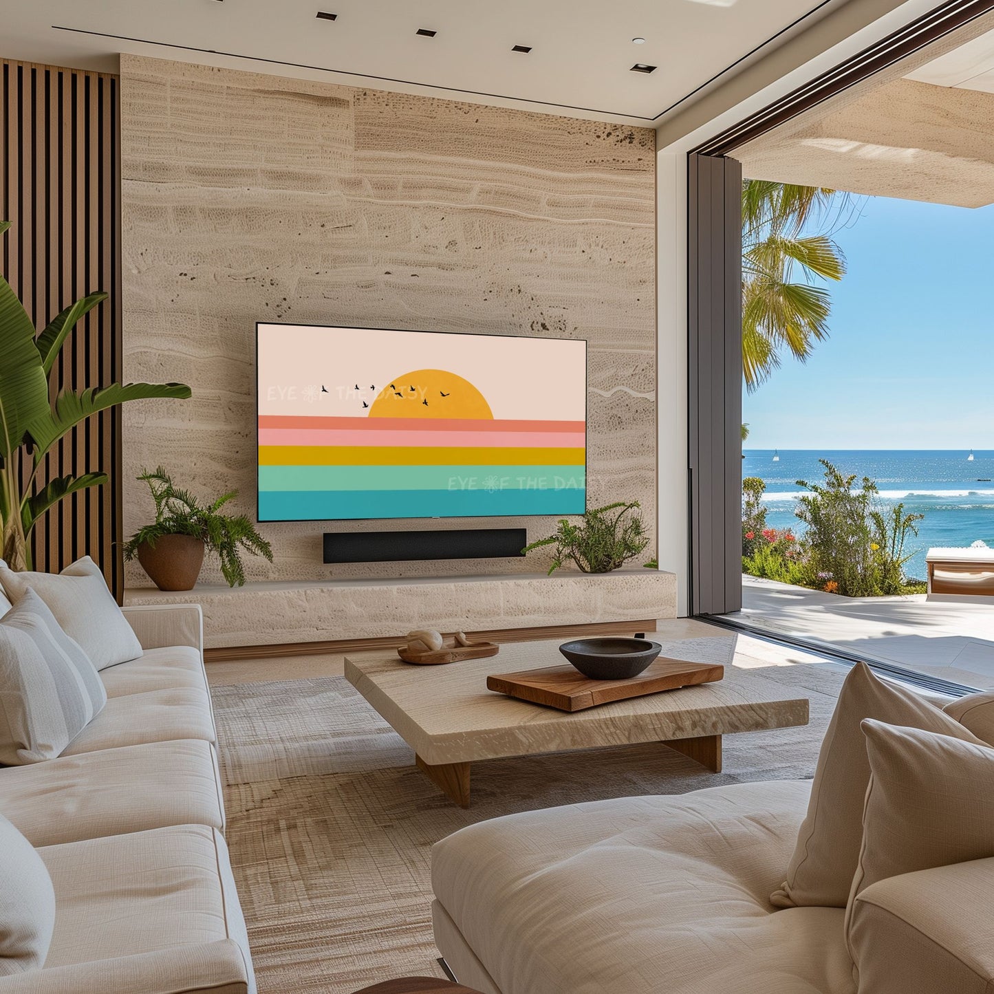 Mid Century Modern Sunset Seascape 4K TV Art | Colourful Sky Sun Sea Landscape TV Art