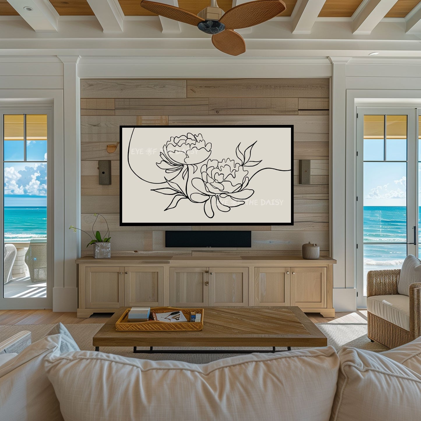 Black Beige Peony Line Drawing 4K TV Art | Minimal Botanical Sketch 4K TV Art