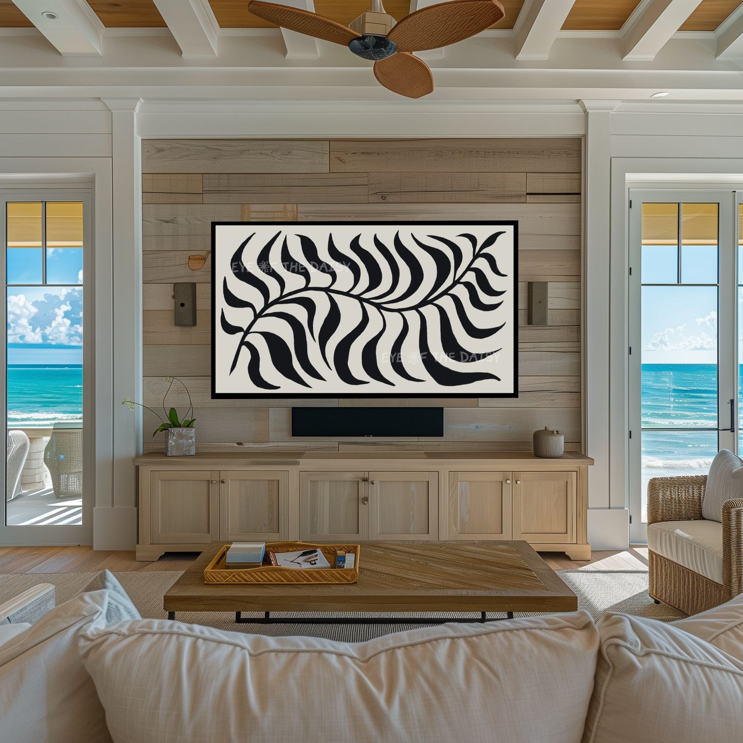 Black Beige Abstract Palm Leaf 4K TV Art | Boho Scandi Botanical TV Artwork 4K