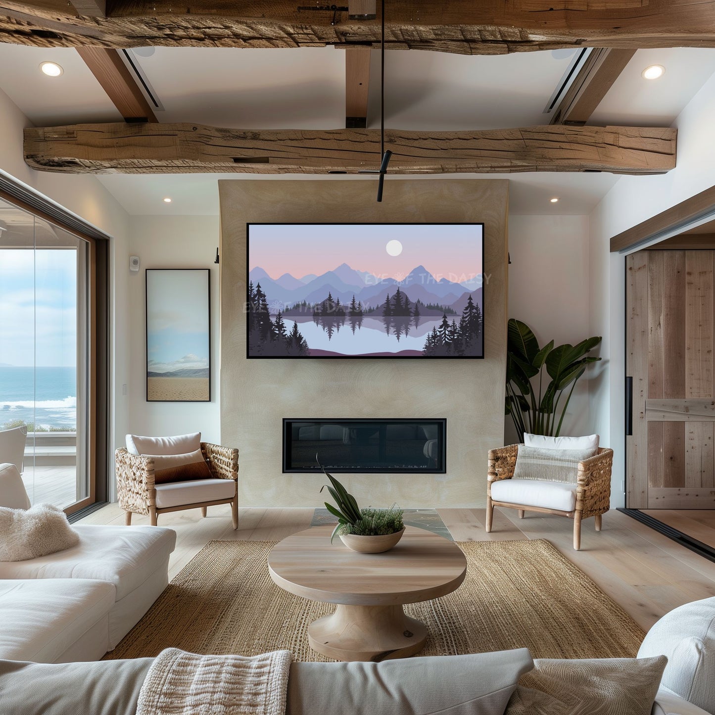 Lilac Blue Peach Landscape TV Art 4K | Mid Century Modern Mountain Lake Trees TV Art