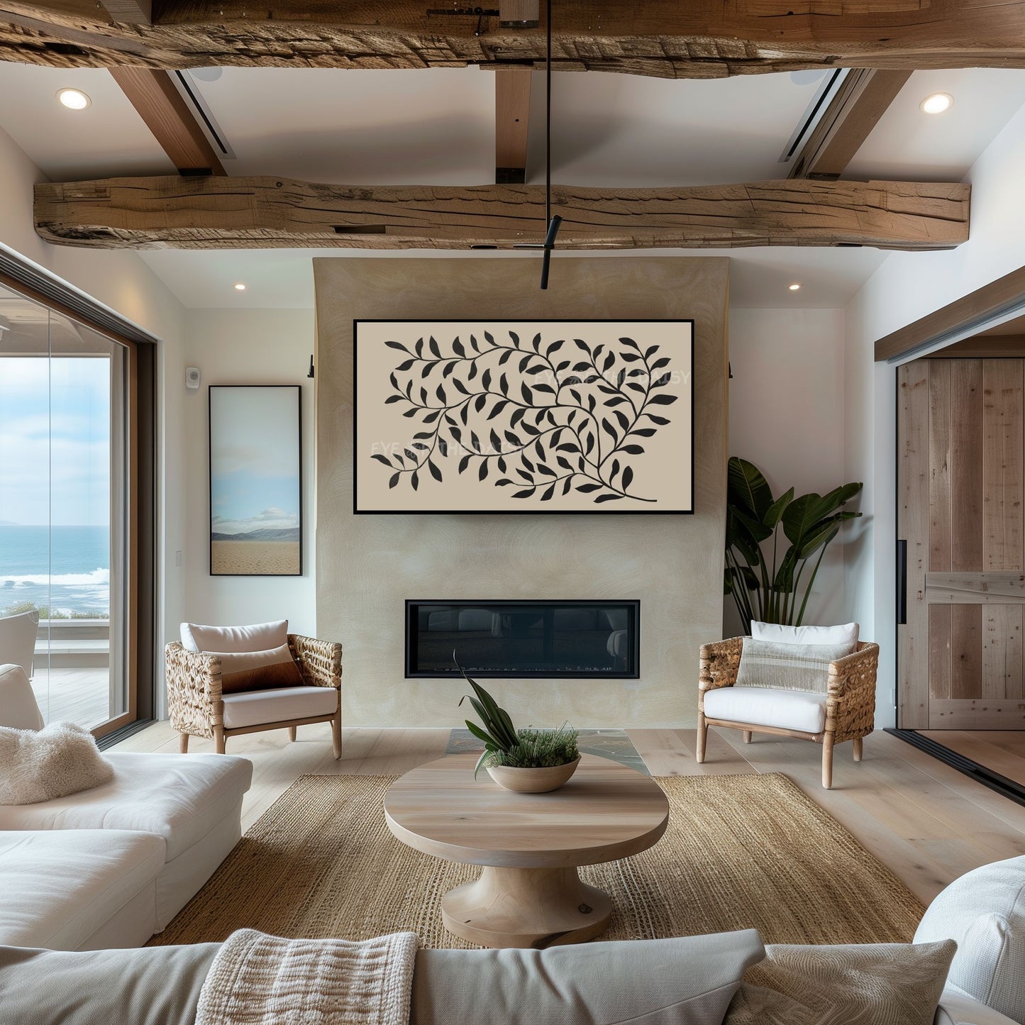 Black Beige Abstract Leaf 4K TV Art | Boho Botanical 4K Art for TV Screen