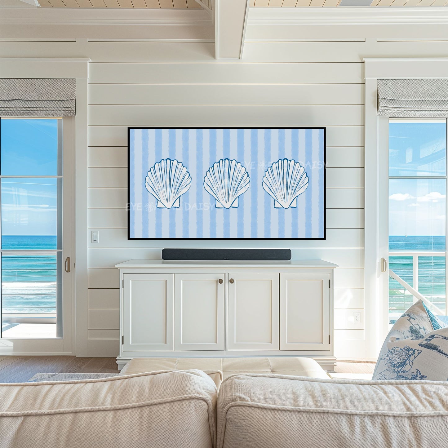 Striped Blue Shells 4K TV Art | Pale Blue Hamptons Coastal 4K Art for TV Screen