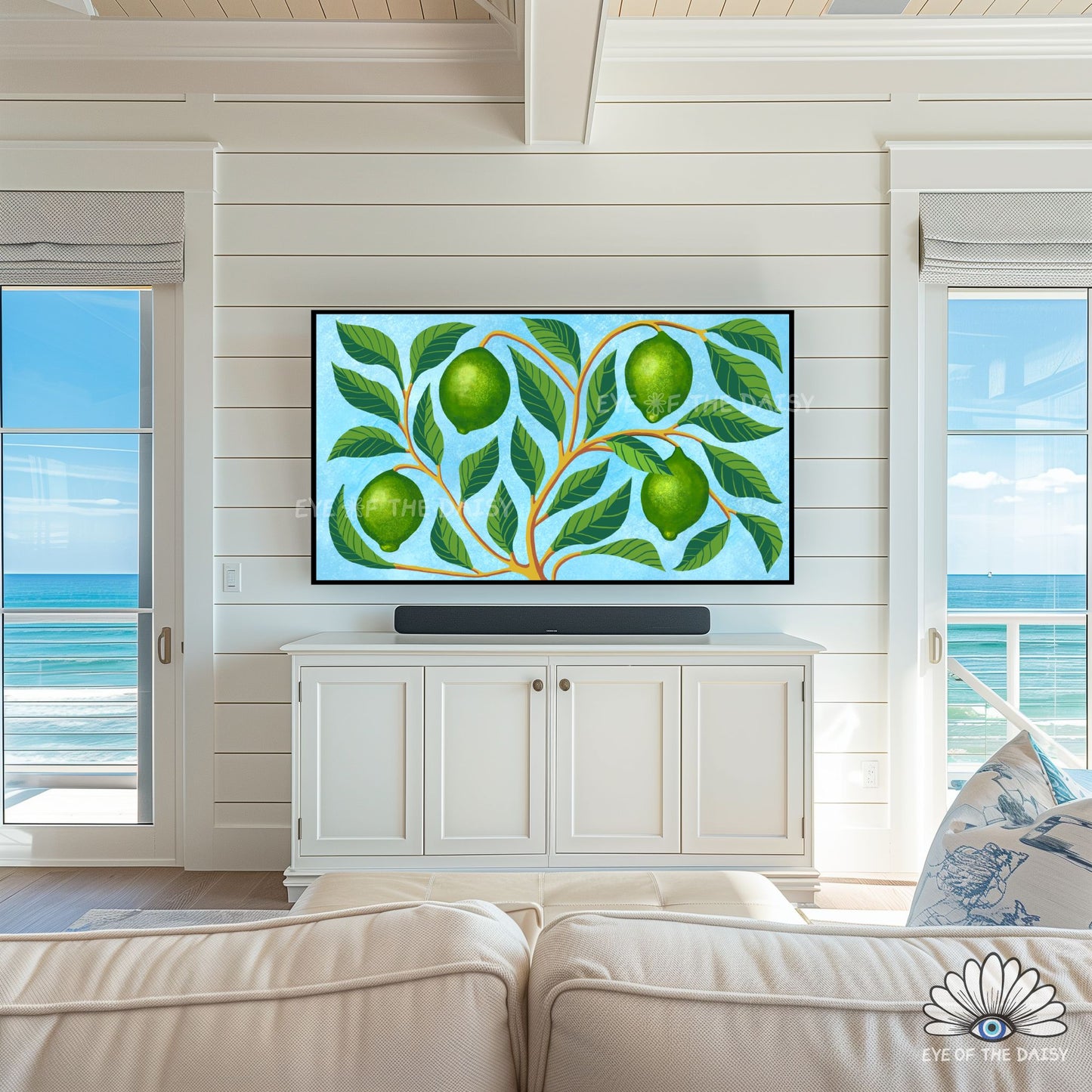 Tropical botanical 4K TV art, vibrant lime tree artwork displayed in an eclectic boho interior