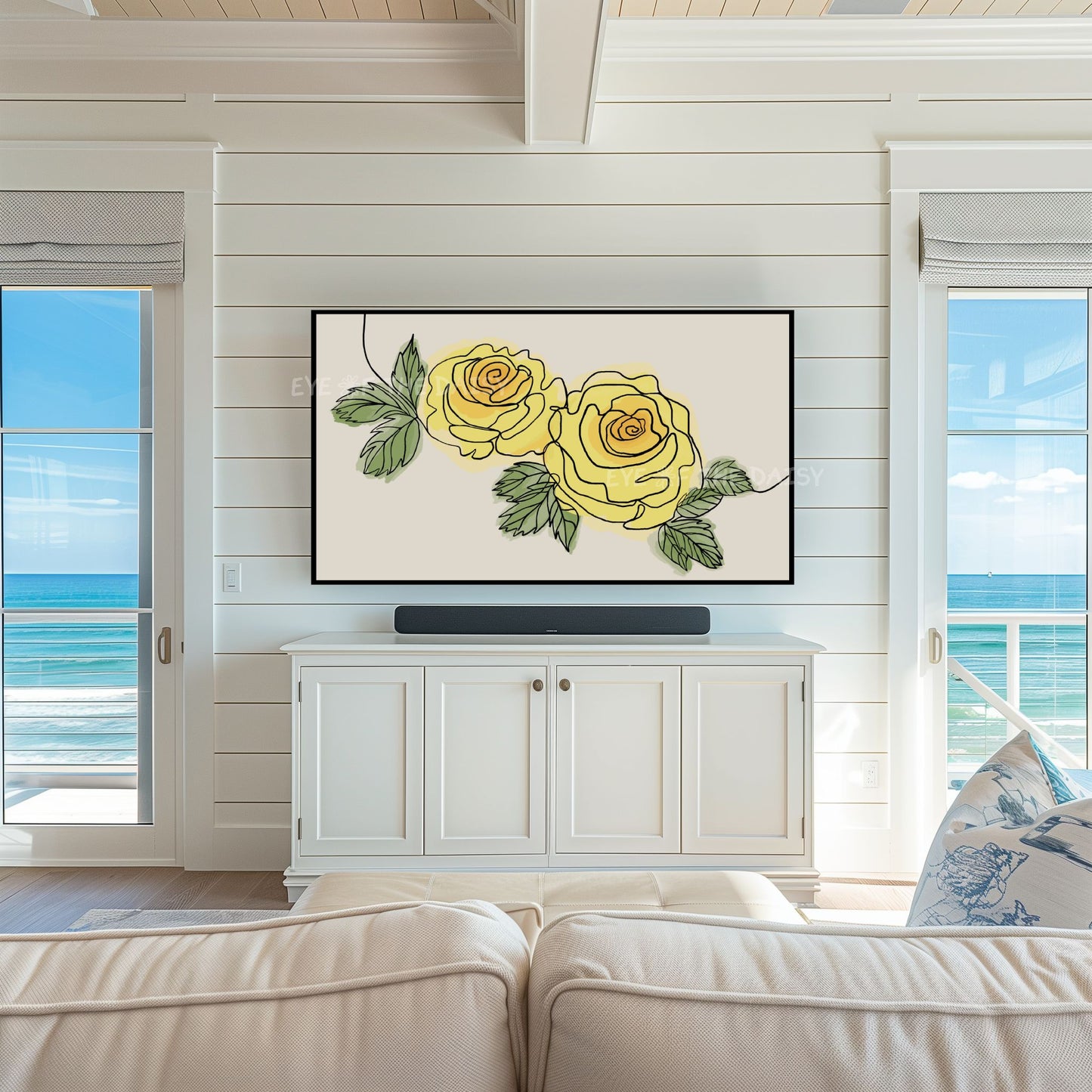 Yellow Roses Botanical Drawing 4K TV Art | Minimal Yellow Flowers Sketch TV Art 4K