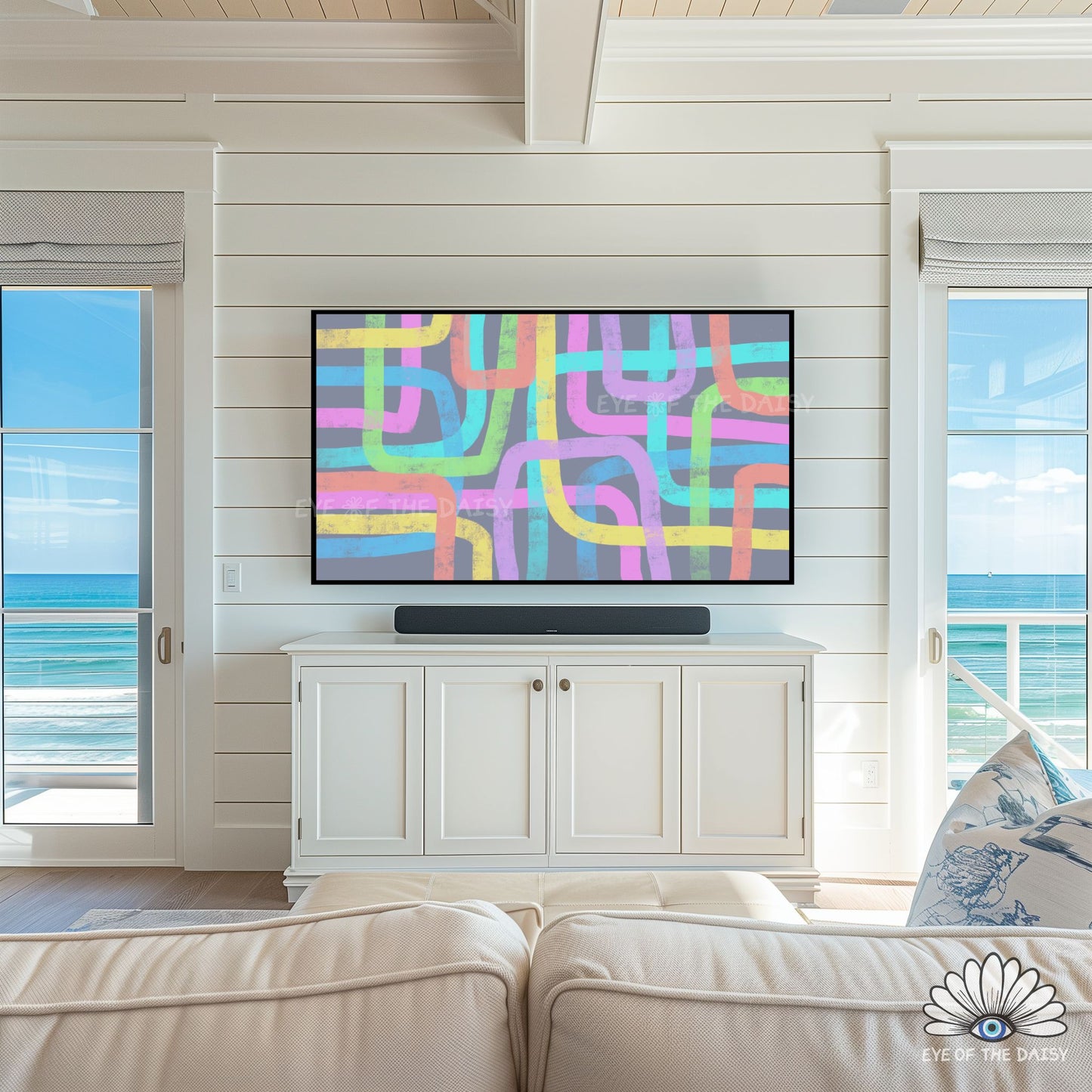 Pastel abstract line TV art digital download, modern contemporary colourful TV wall art