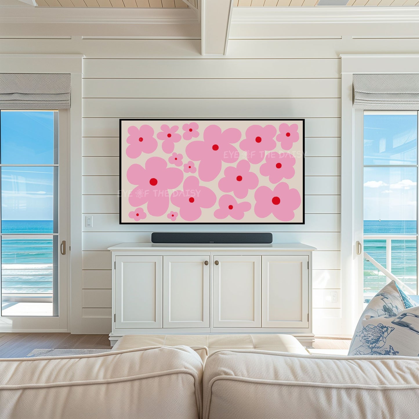 Pink Boho Floral 4K TV Art | Pink Beige Retro Daisy Flowers TV Artwork 4K