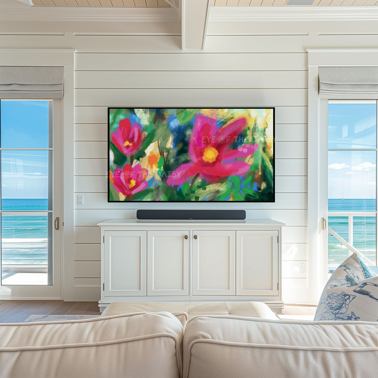 Vibrant Abstract Floral 4K TV Art | Bright Pink Yellow Green Contemporary Flowers 4K TV Art