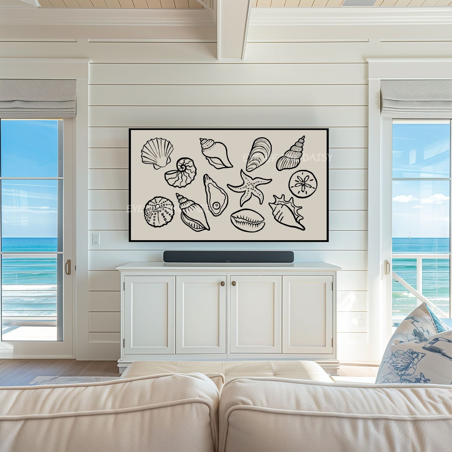 Neutral Black Beige Shells Sketch 4K TV Art | Boho Modern Coastal TV Artwork 4K