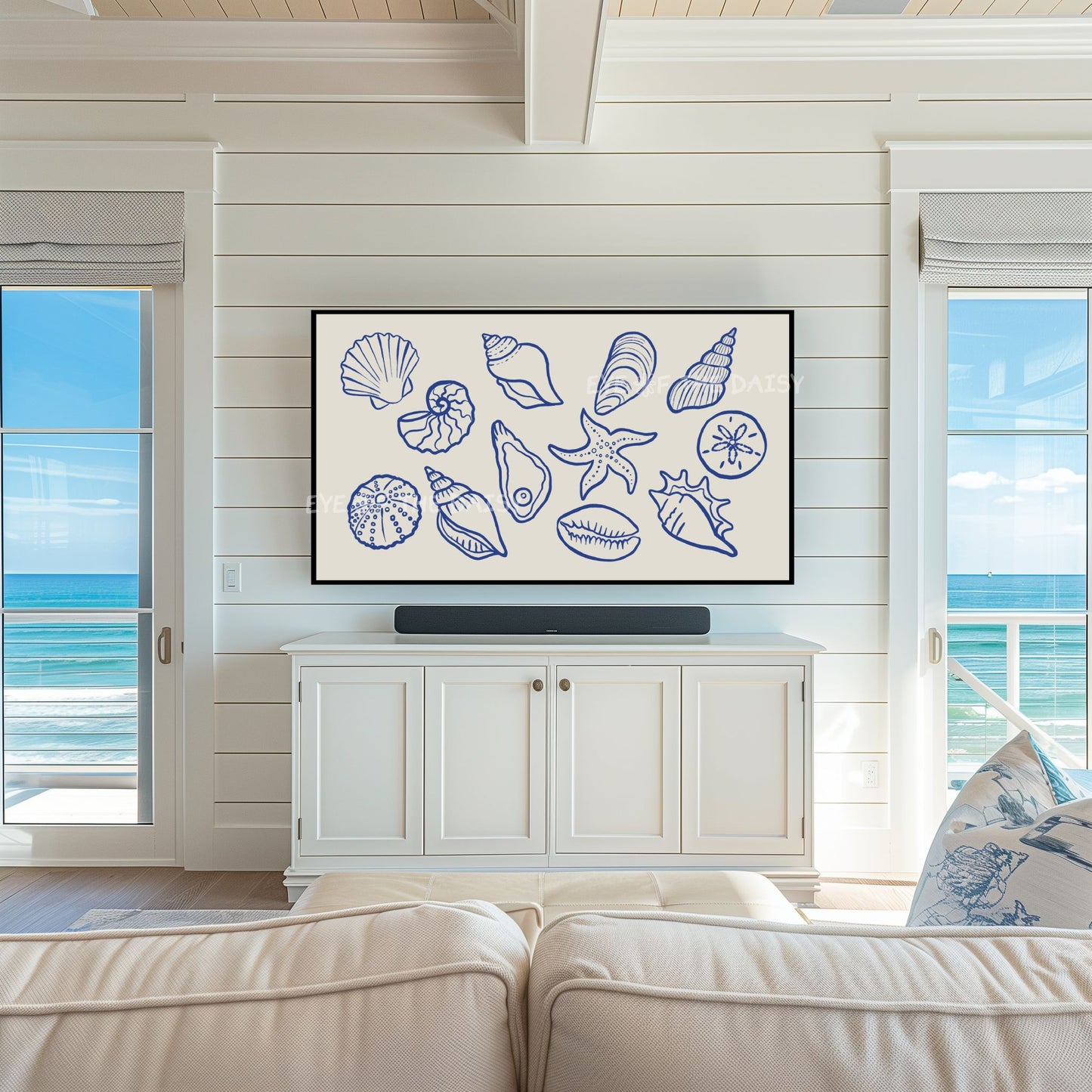 Navy Blue Beige Minimal Shells Sketch 4K TV Art | Modern Hamptons Coastal TV Artwork