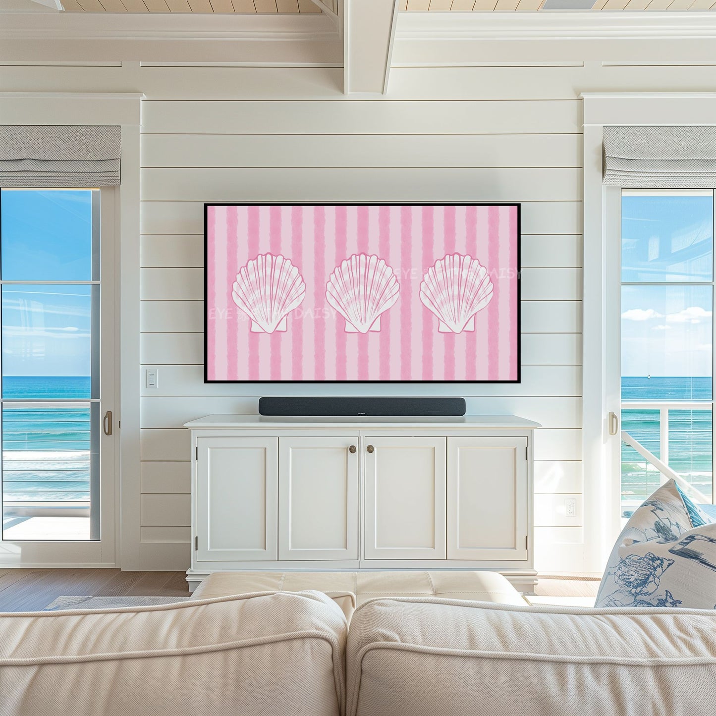 Pink White Shells 4K TV Art | Striped Coastal Sea Shells 4K Art for TV Screen