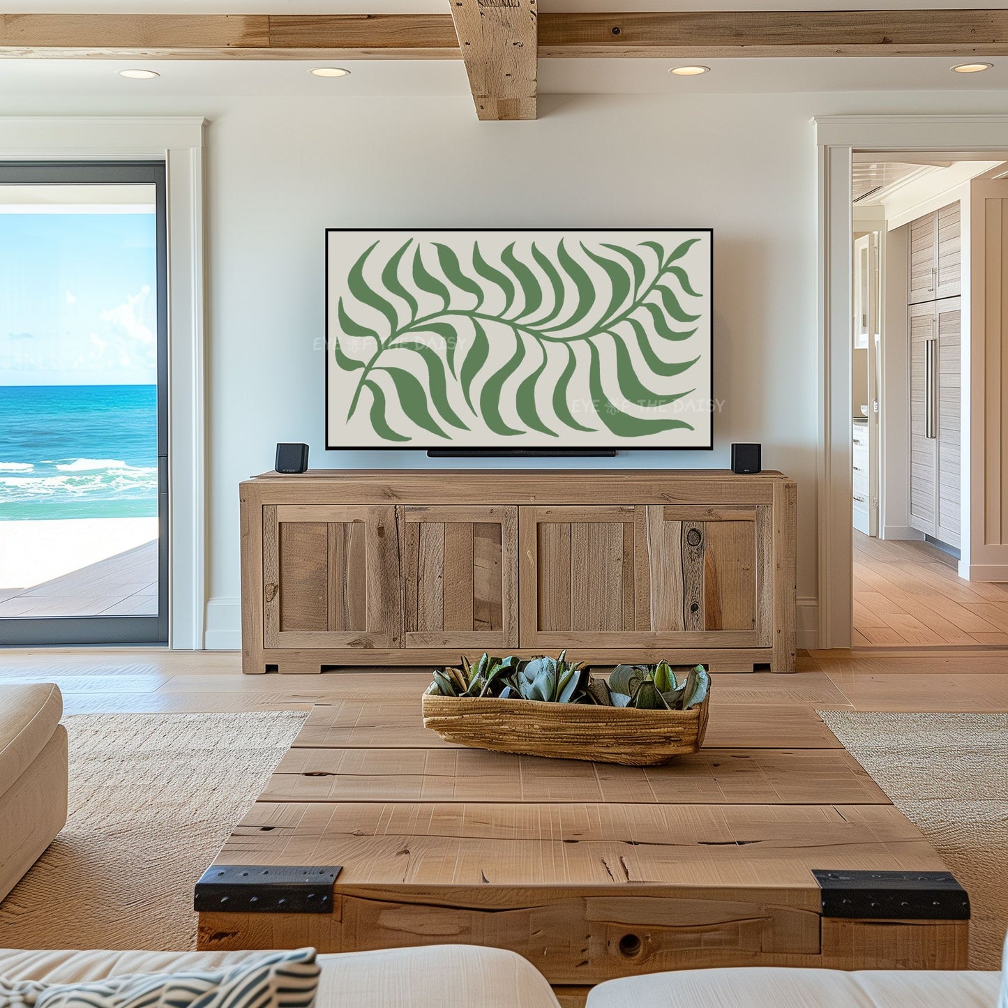 Dark Green Beige Abstract Leaf 4K TV Art | Olive Green Boho Botanical TV Art 4K