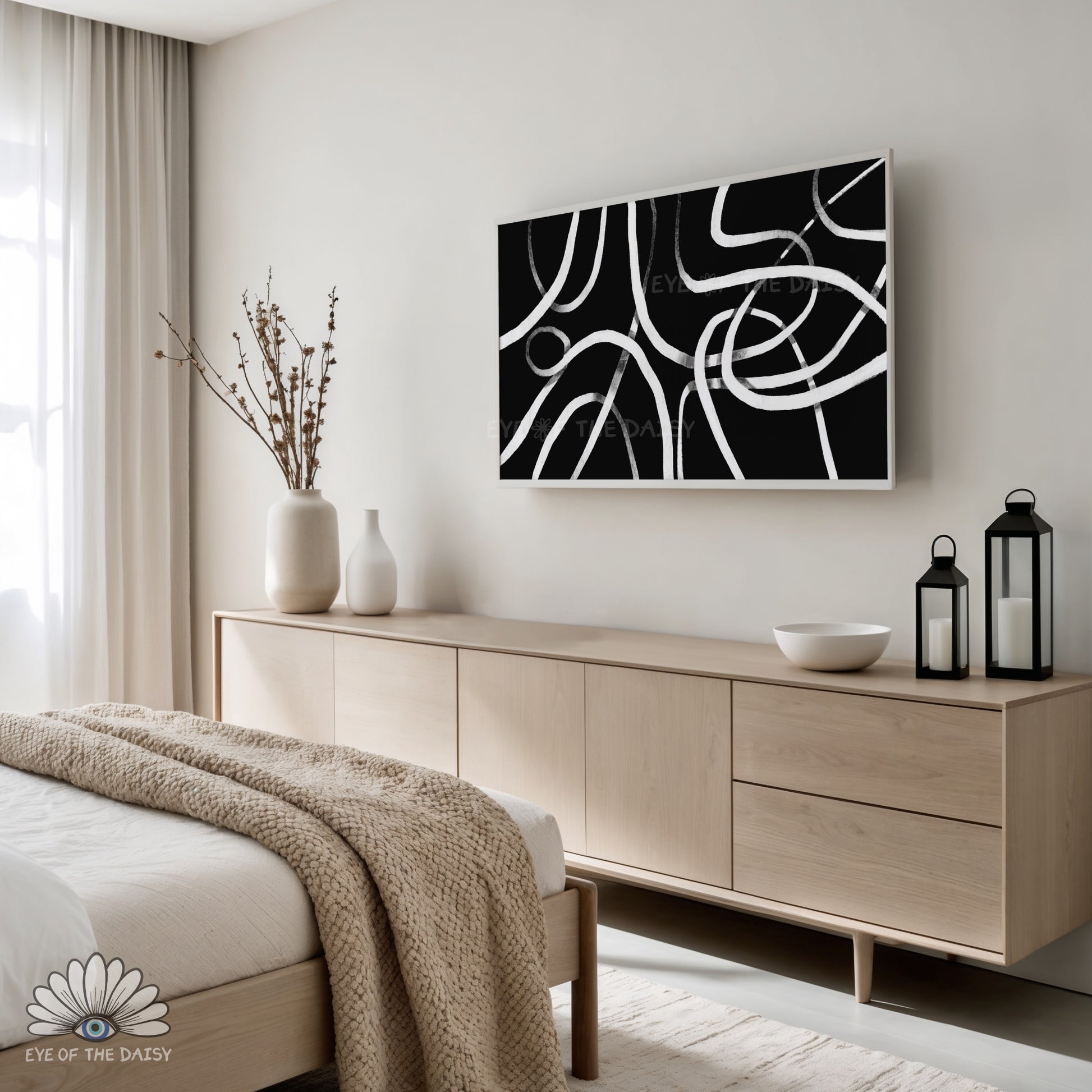 Contemporary black and white scribble abstract 4K TV art, whimsical line art for 4K TV screen for modern bedroom decor