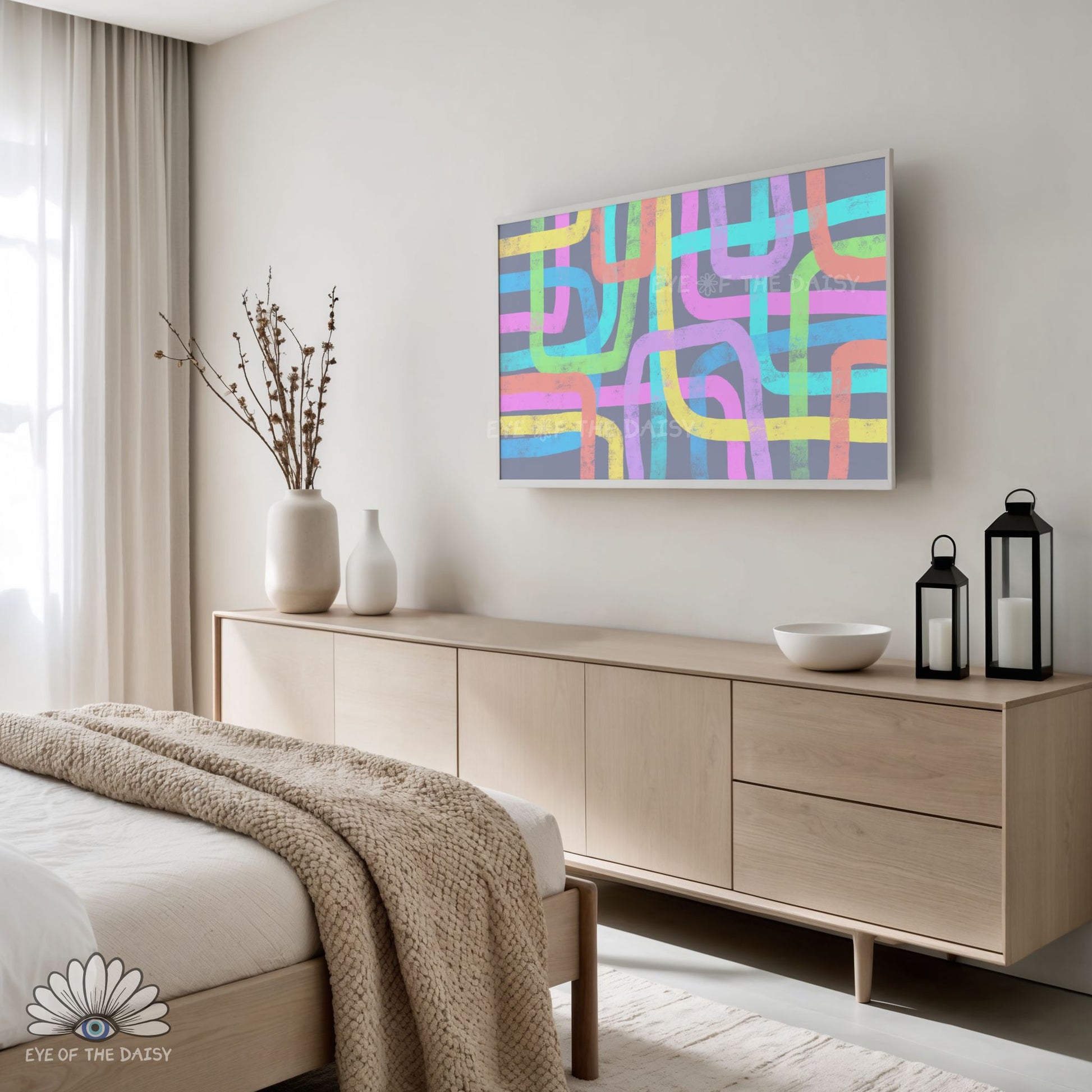 Soft pastel abstract scribble TV art, TV art digital download for maximalist living rooms