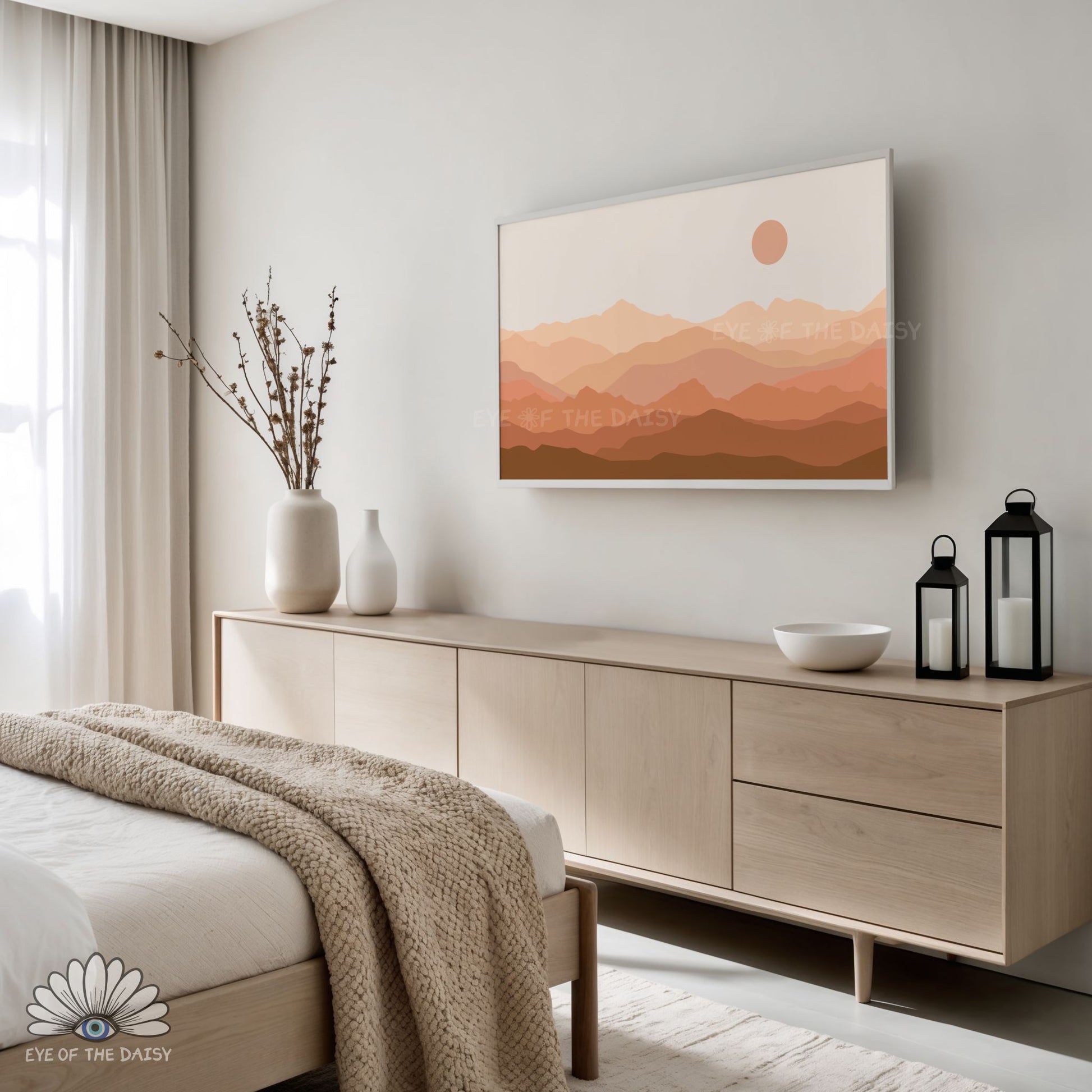 Neutral desert mountain landscape artwork for 4K TV screensaver display in soft earthy tones and minimalist style