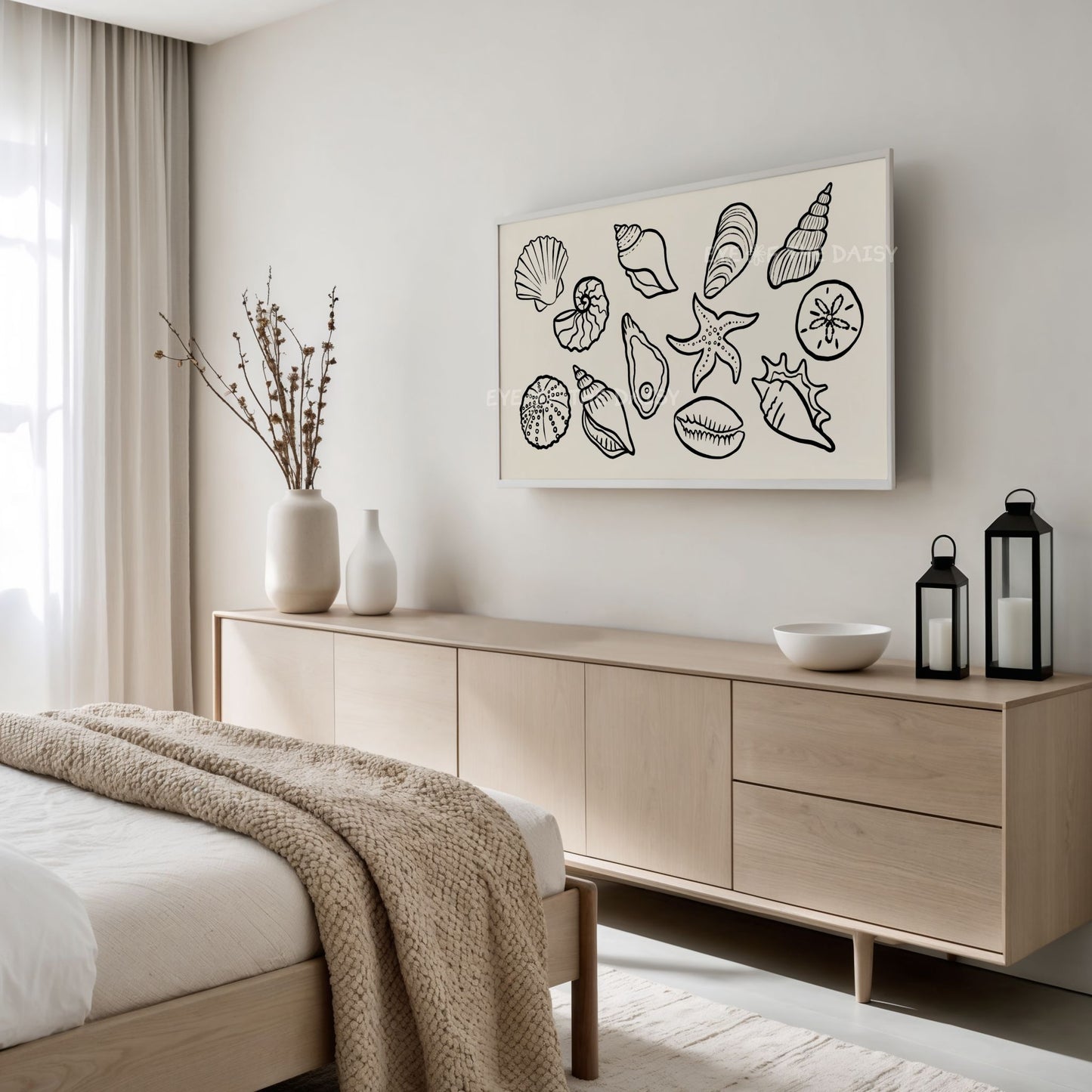 Neutral Black Beige Shells Sketch 4K TV Art | Boho Modern Coastal TV Artwork 4K