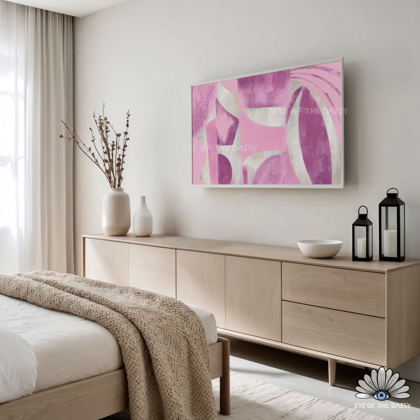 Contemporary abstract TV art 4K, soft pastel geometric design in a minimalist modern bedroom