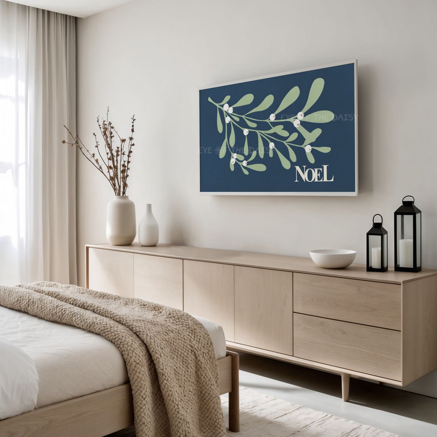 Navy Blue Christmas Botanical 4K TV Art | Holiday Mistletoe Art for TV Screen 4K