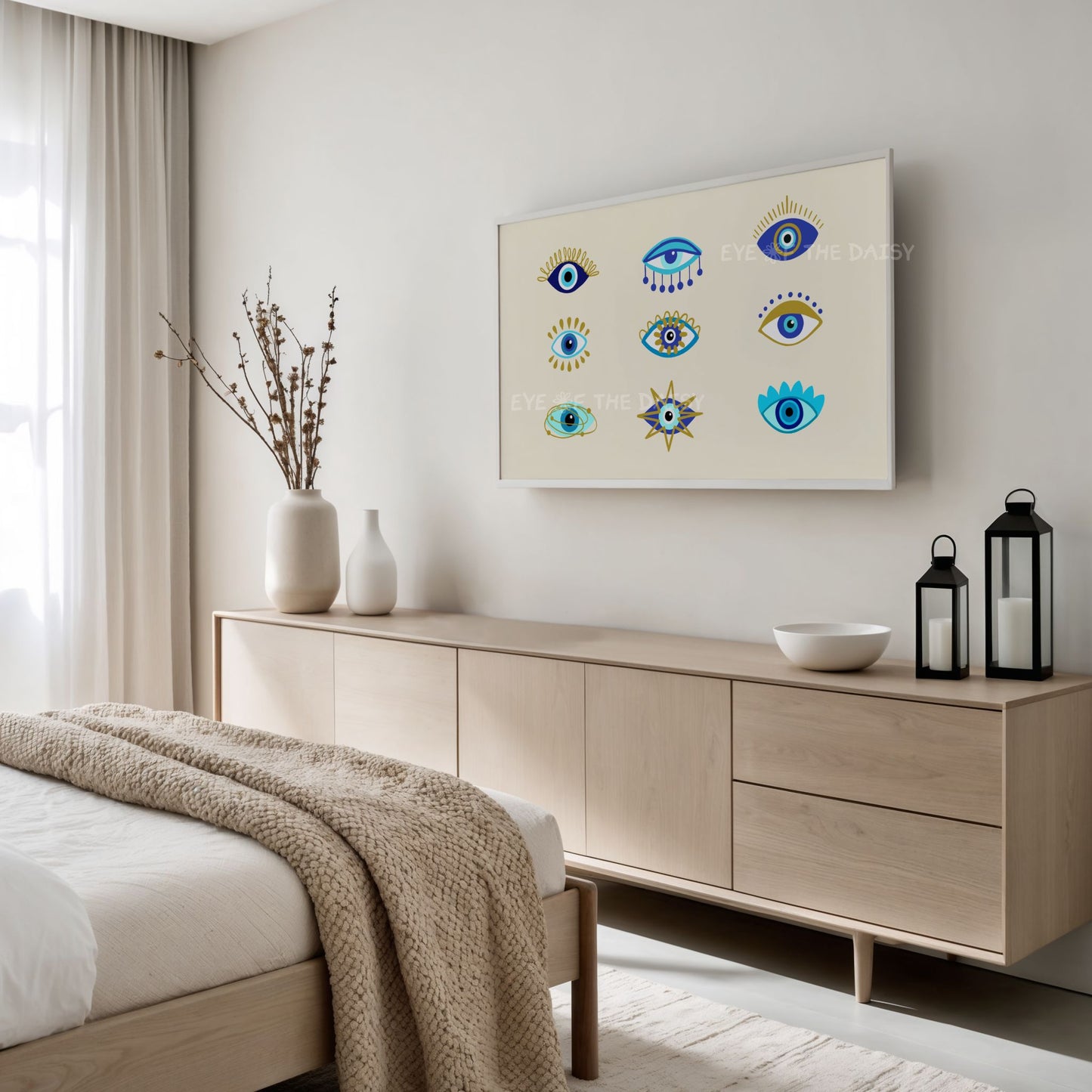 Blue Turquoise Gold Abstract Evil Eye 4K TV Art | Mediterranean Boho 4K TV Art