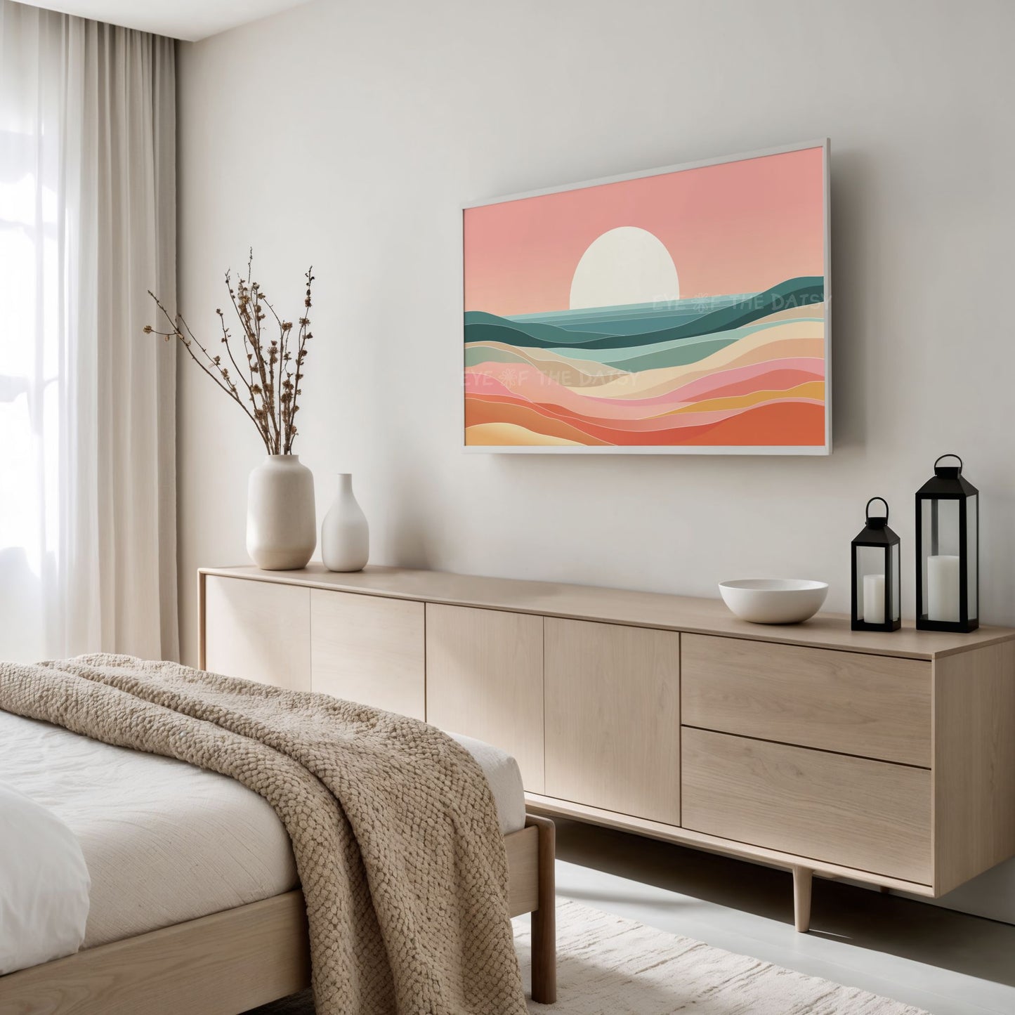 Pink Orange Teal Minimal Sea Sunset 4K TV Art | Mid Century Modern Coastal TV Art 4K