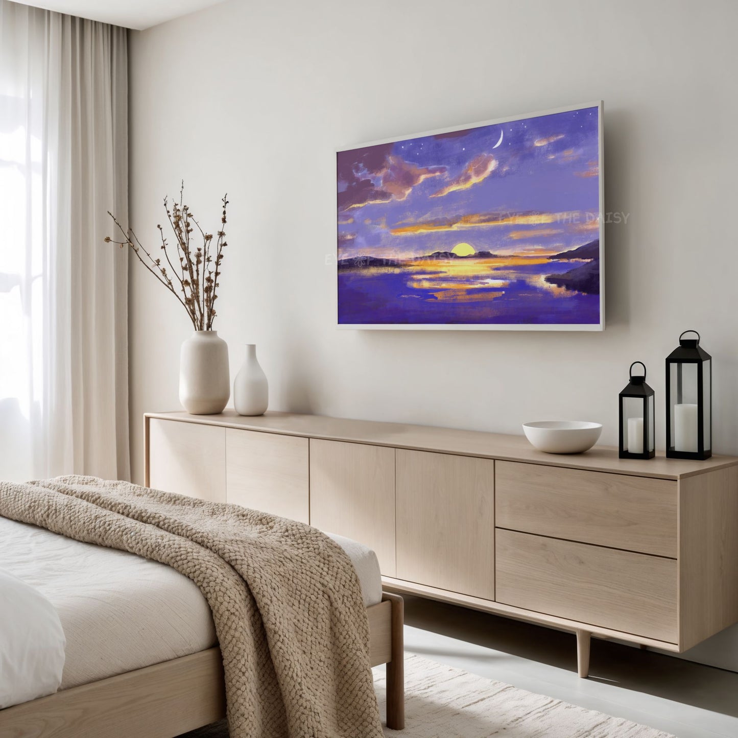 Abstract Moonlit Seascape 4K TV Art | Purple Yellow Coastal Landscape TV Art 4K