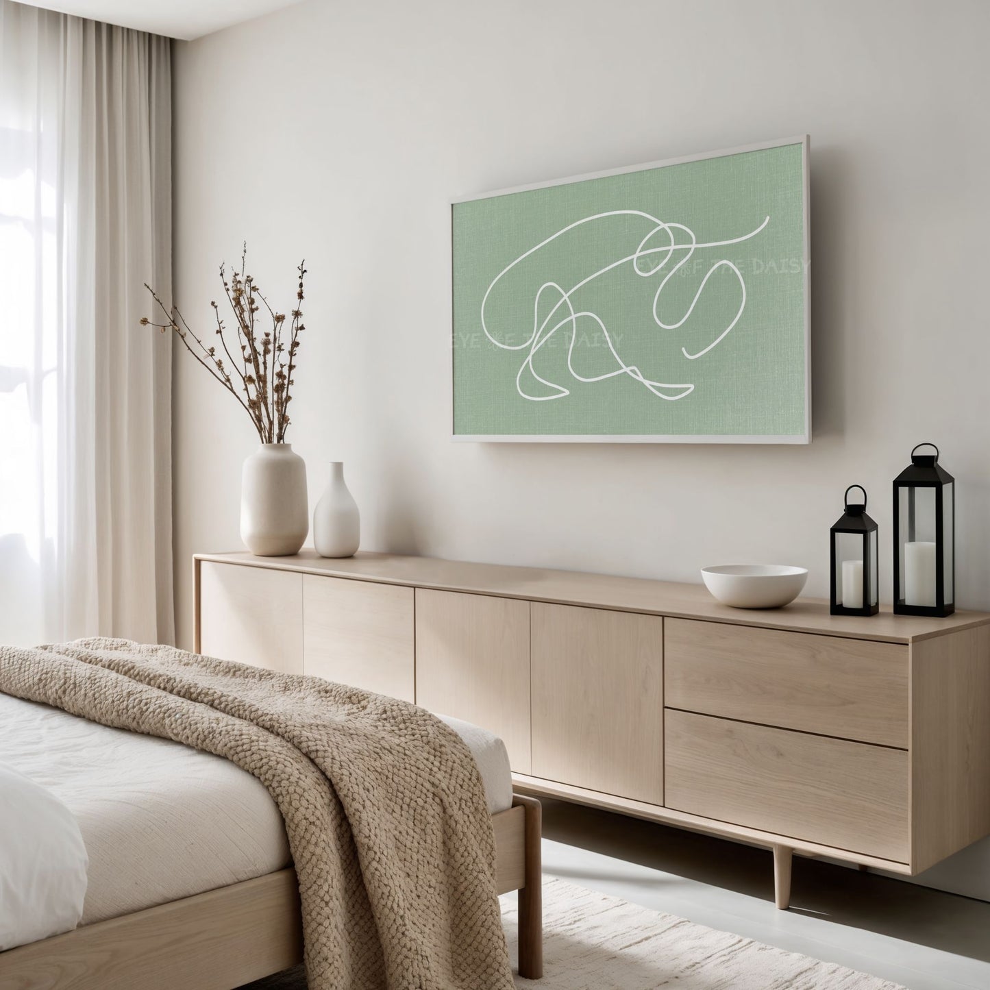 Sage Green White Minimal Scribble 4K TV Art | Boho Abstract Line Art for TV Screen