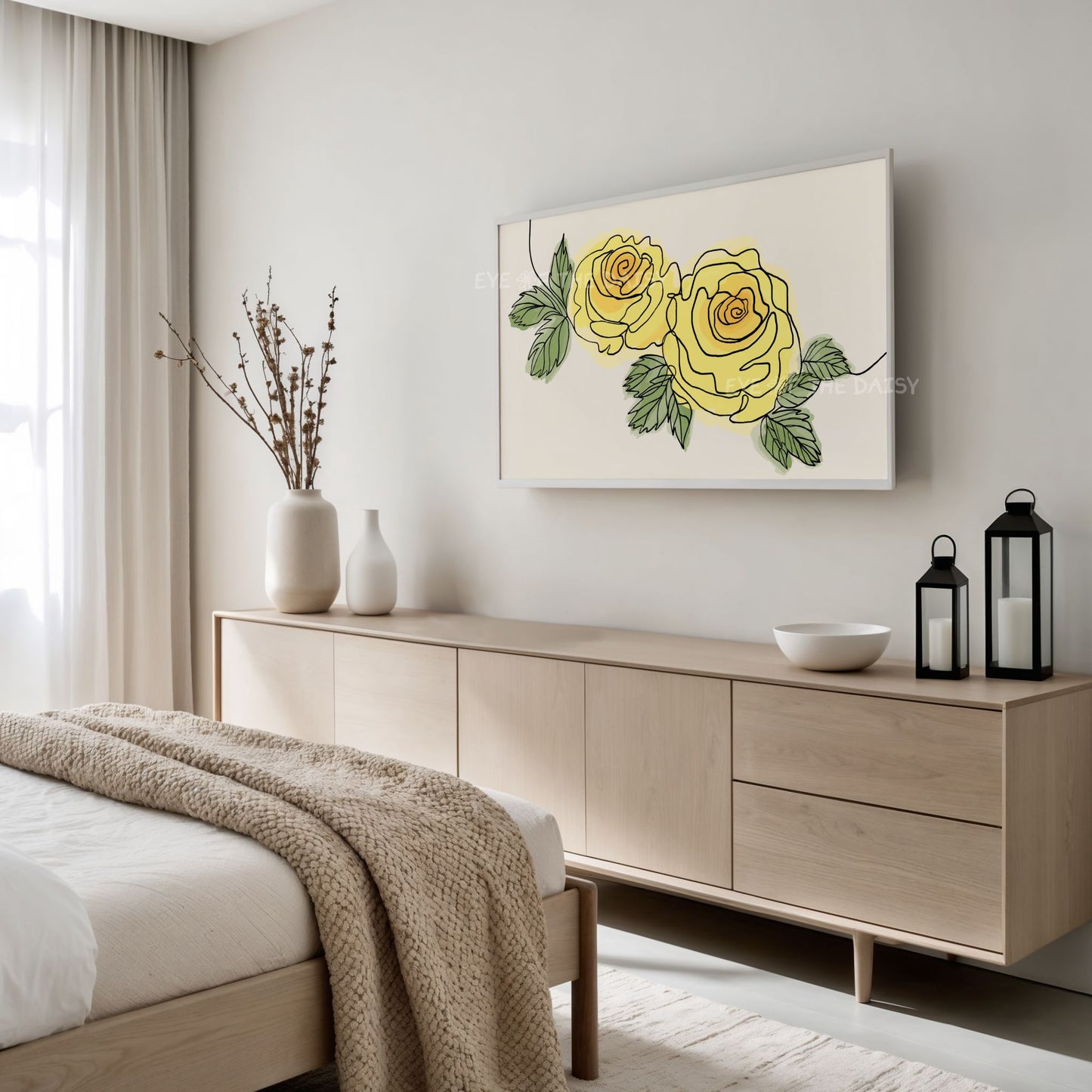 Yellow Roses Botanical Drawing 4K TV Art | Minimal Yellow Flowers Sketch TV Art 4K