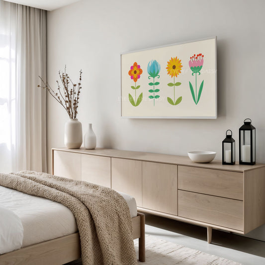 Nordic Folk Art Botanical 4K TV Art | Boho Colourful Scandi Flowers Art for Tv Screen 4K