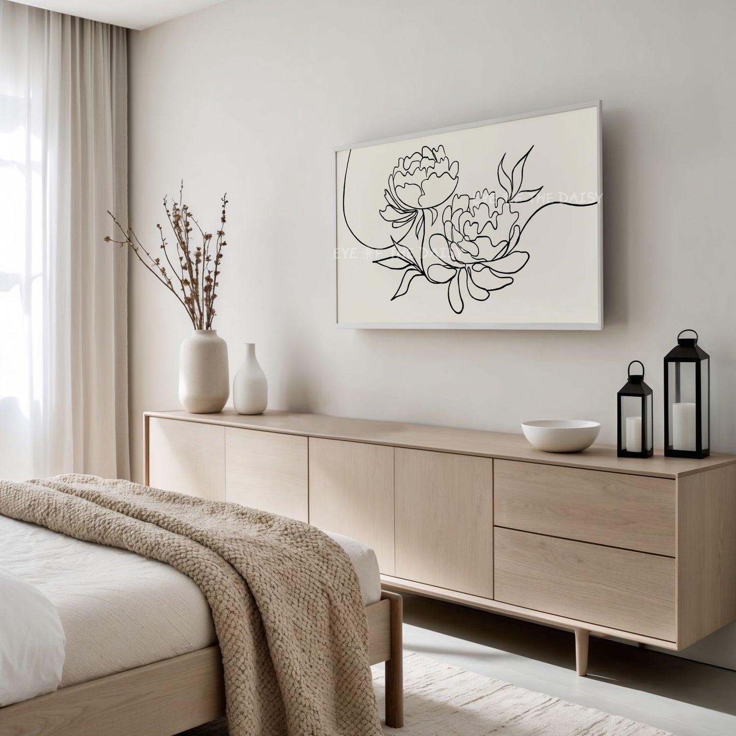 Black Beige Peony Line Drawing 4K TV Art | Minimal Botanical Sketch 4K TV Art