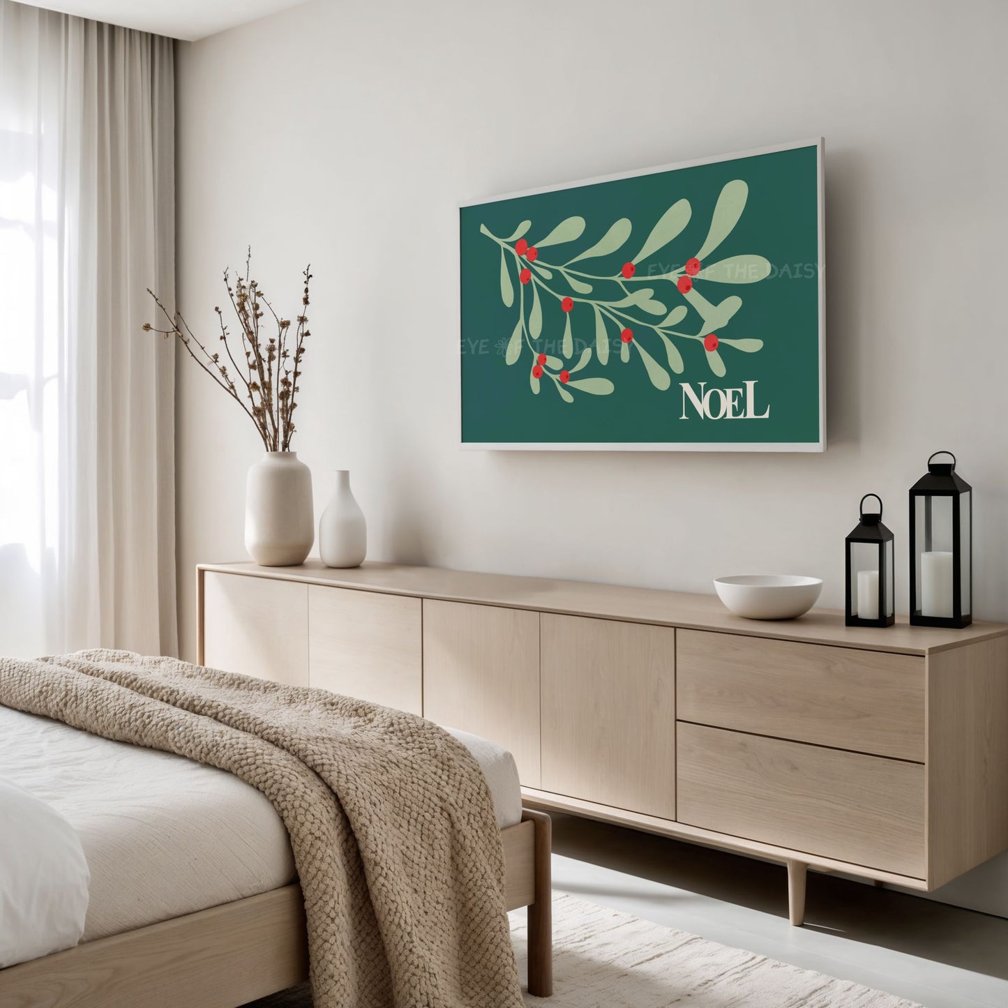 Dark Green Red Christmas Botanical 4K TV Art | Traditional Holiday Mistletoe 4K TV Art