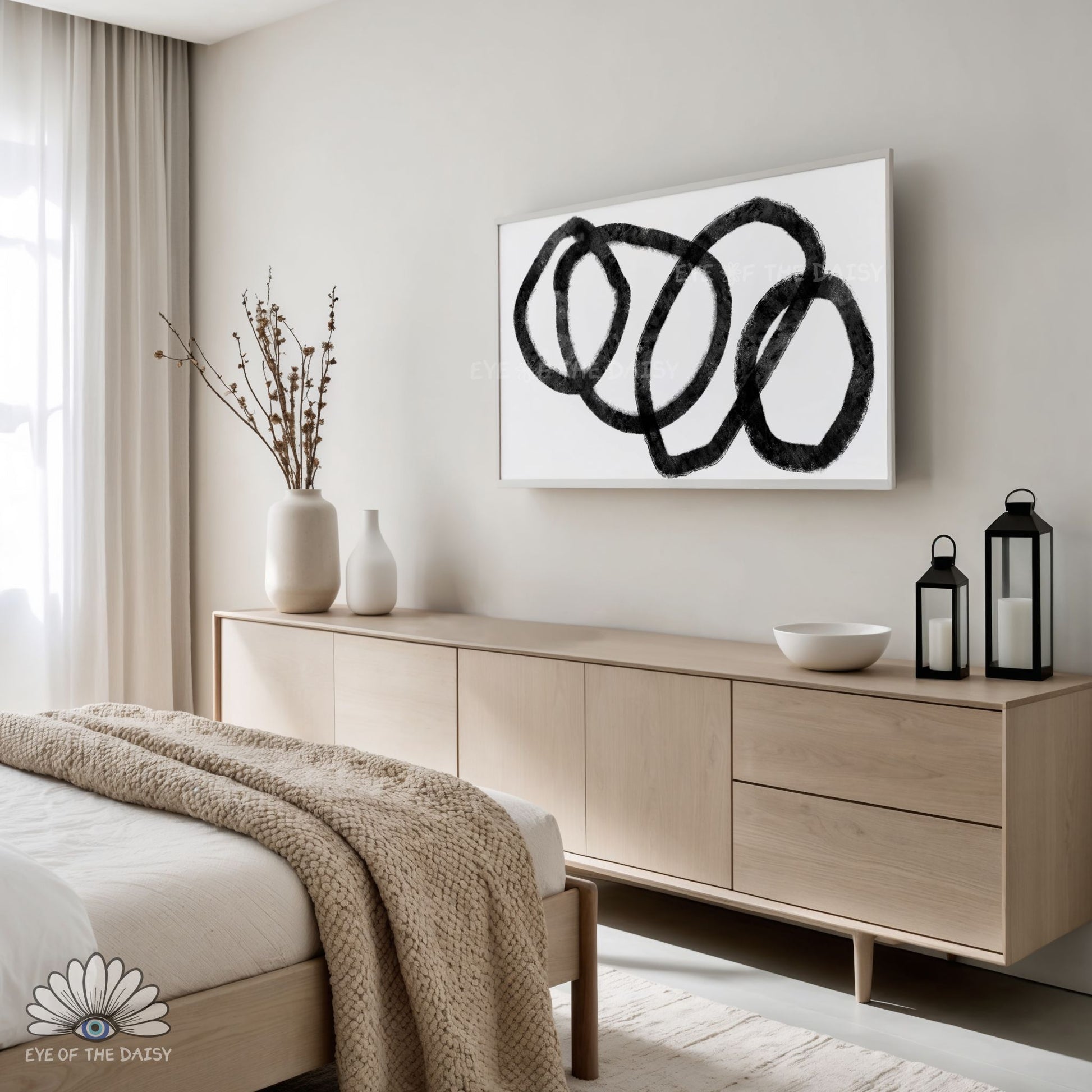Minimal line art 4K TV art digital download, black and white art for 4K TV screen in Scandinavian bedroom