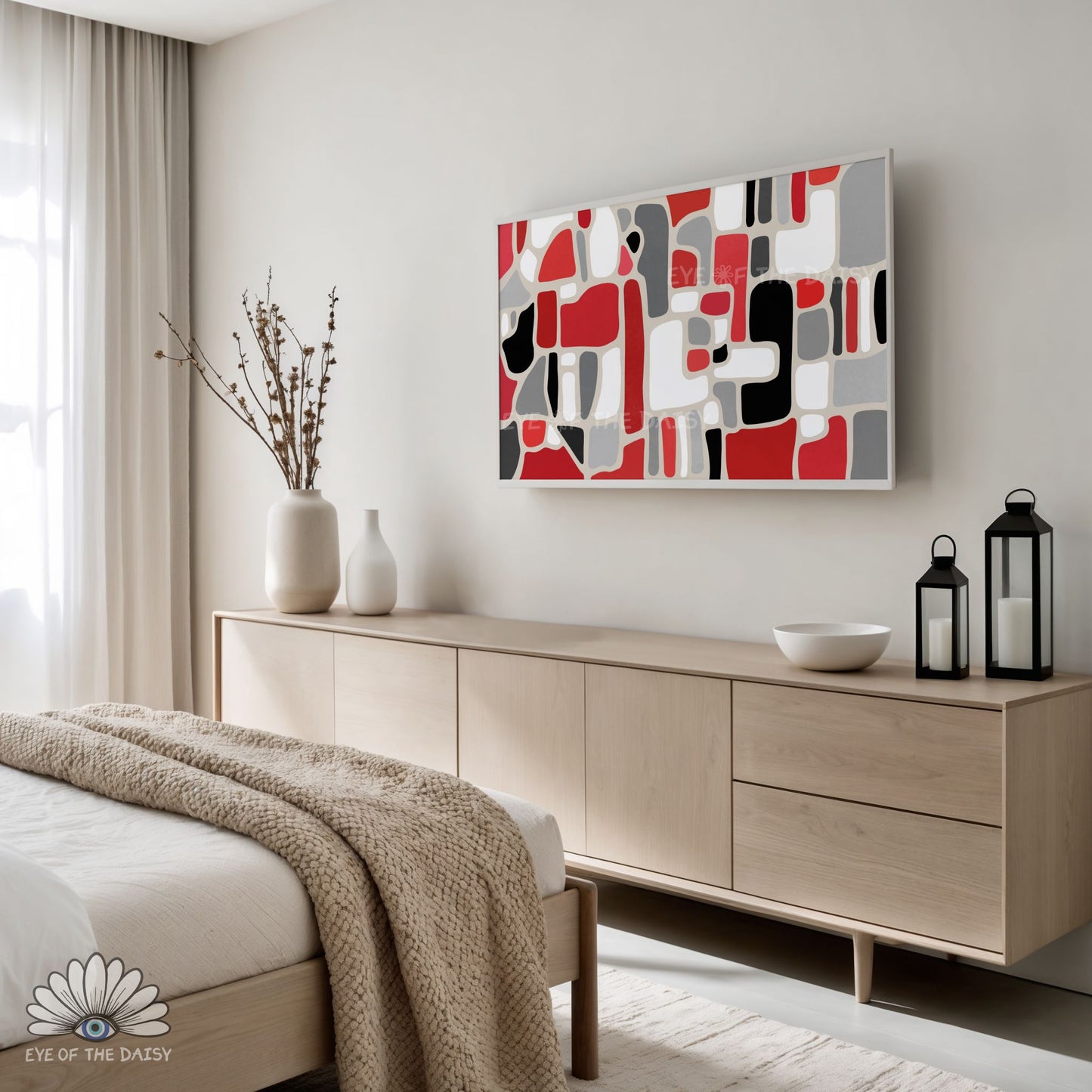 Digital download 4K TV art, bold red black grey geometric abstract shapes for contemporary interiors