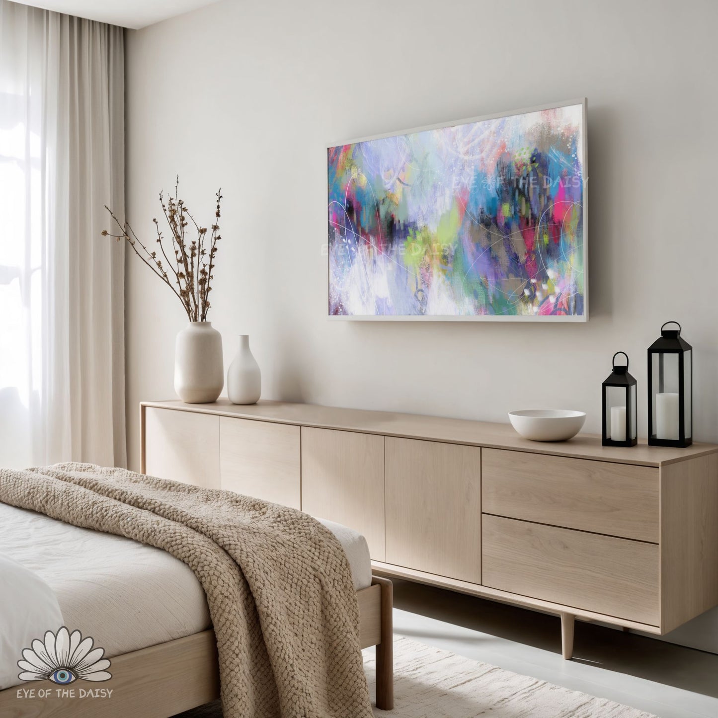 Artistic contemporary 4K TV art display with textured brushwork, layered colors, abstract style