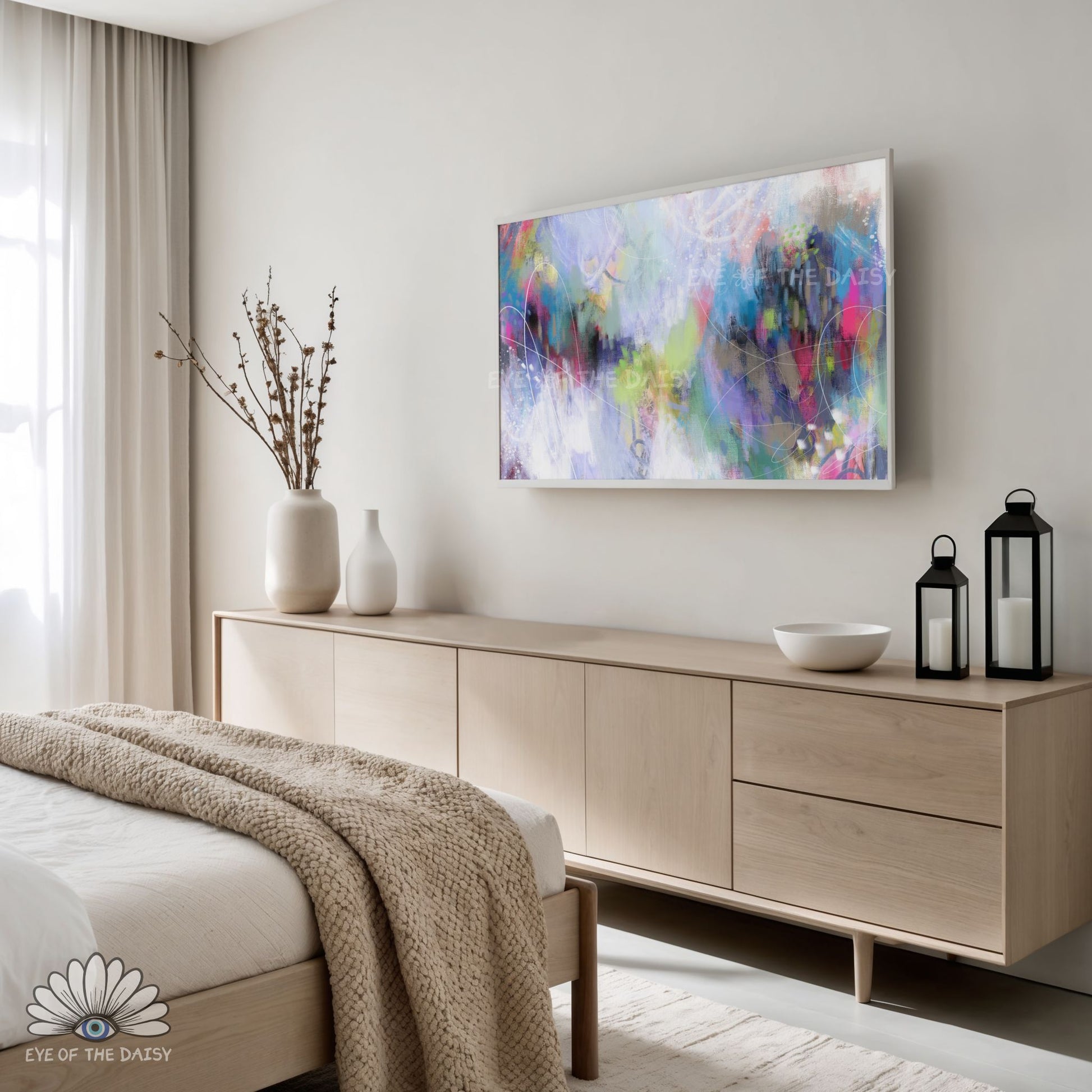 Artistic contemporary 4K TV art display with textured brushwork, layered colors, abstract style