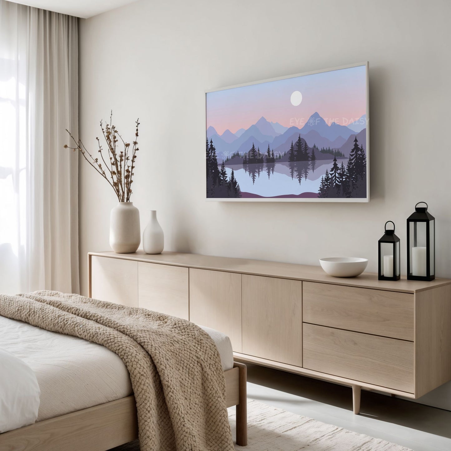 Lilac Blue Peach Landscape TV Art 4K | Mid Century Modern Mountain Lake Trees TV Art