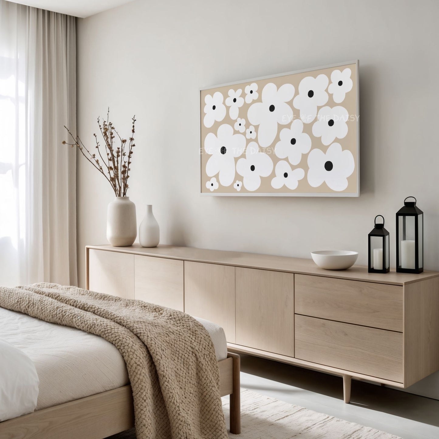 Beige White Boho Flowers 4K TV Art | Neutral Abstract Floral Art for TV Screen