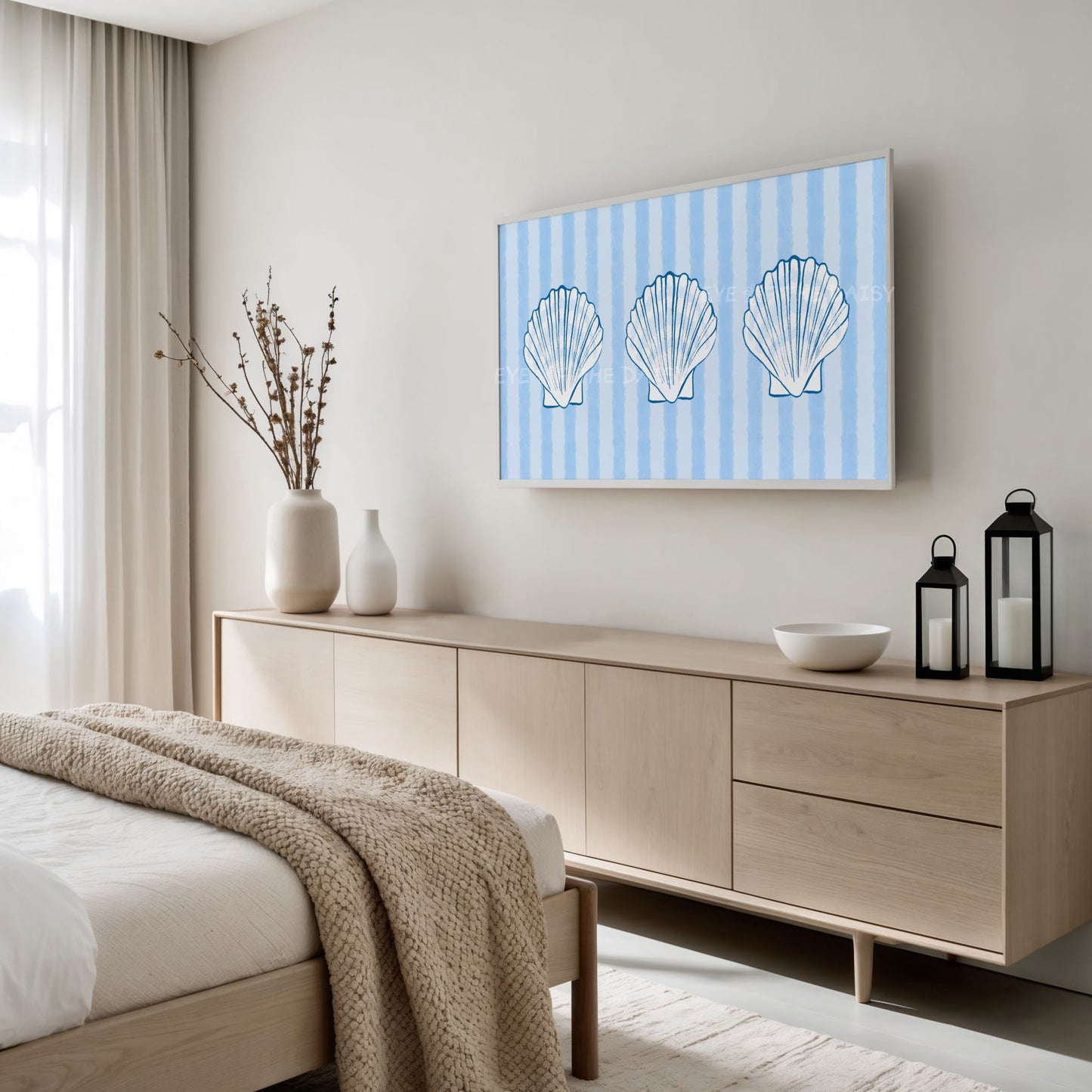 Striped Blue Shells 4K TV Art | Pale Blue Hamptons Coastal 4K Art for TV Screen