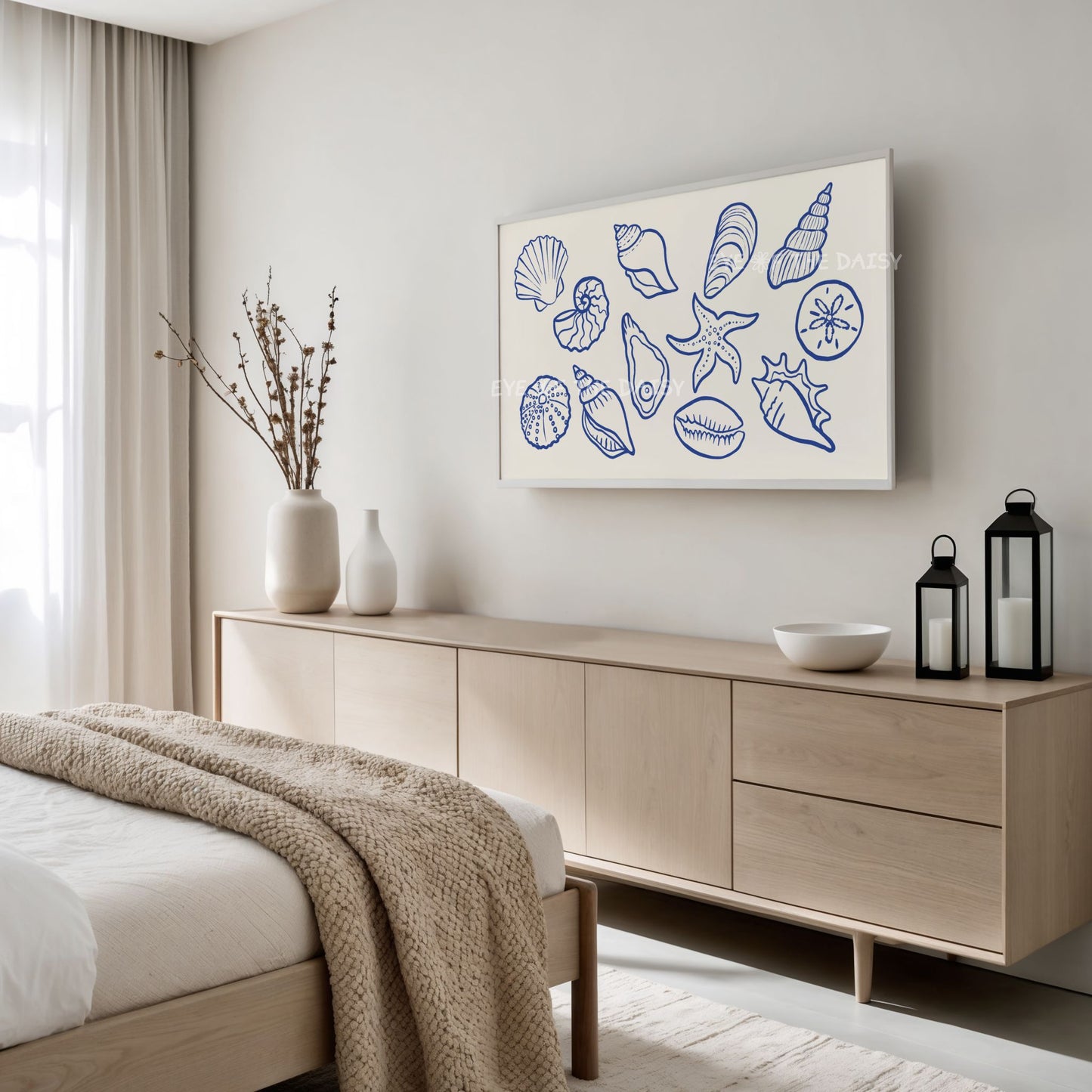 Navy Blue Beige Minimal Shells Sketch 4K TV Art | Modern Hamptons Coastal TV Artwork