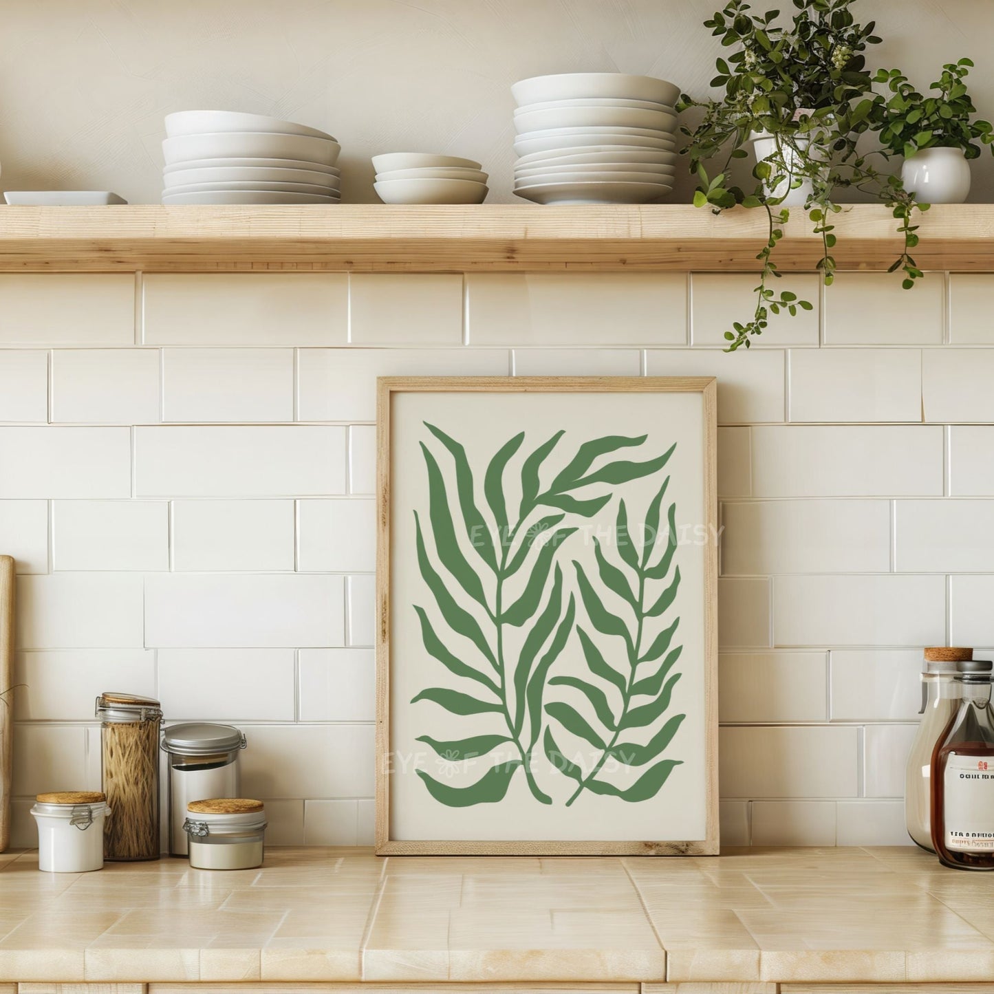 Modern palm leaf wall art print in olive green and beige, Scandi style printable download perfect for kitchen wall decor