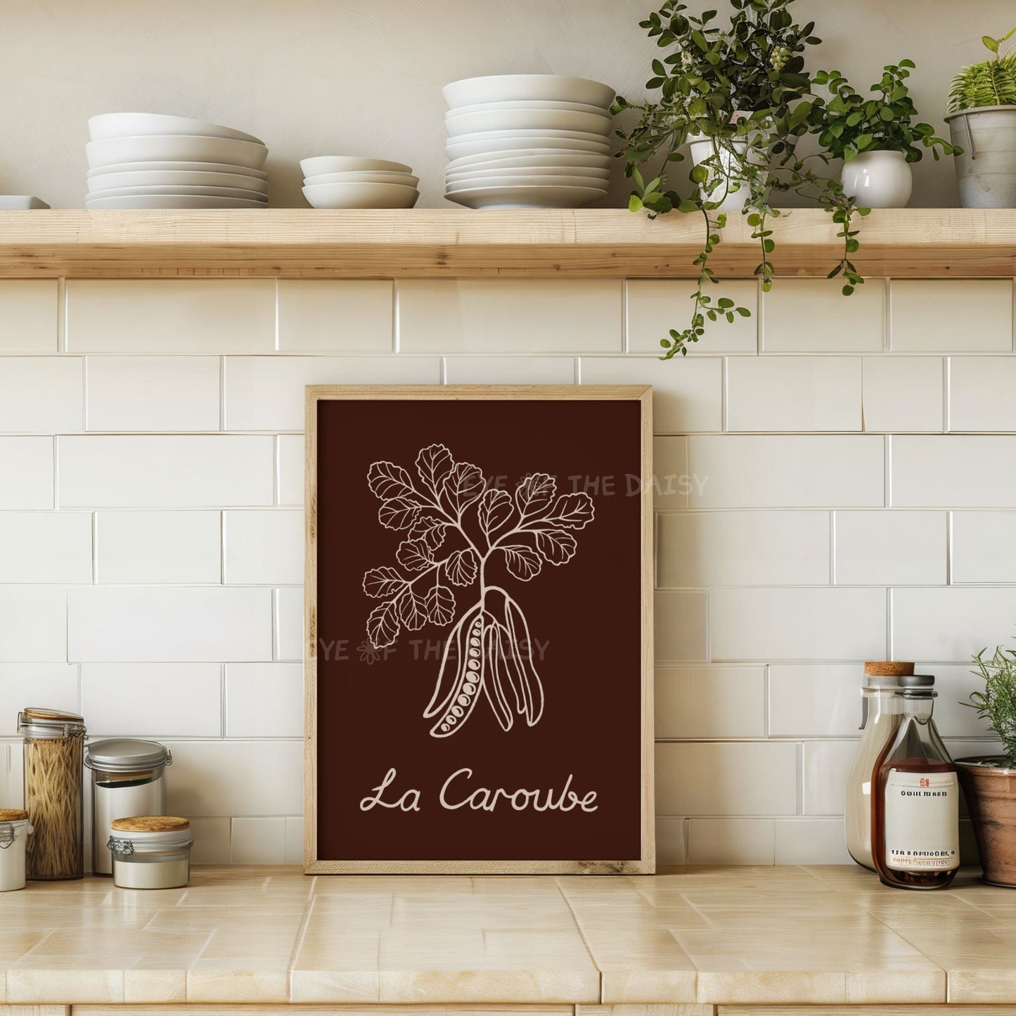 French botanical carob print, elegant neutral poster for modern dining room
