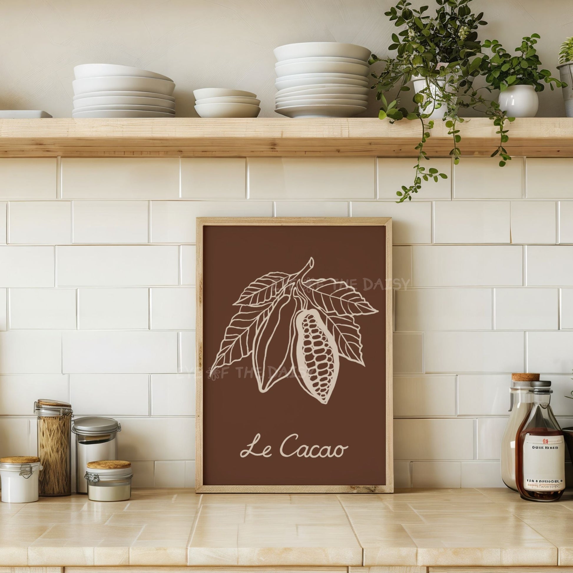 Warm chocolate brown cocoa plant wall print, perfect for coffee corner or café décor