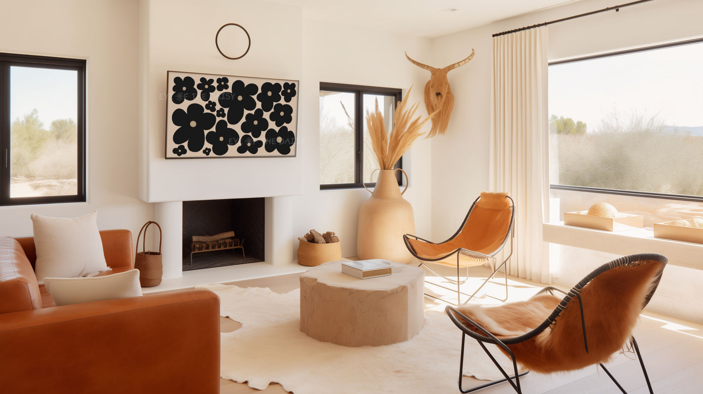 Black Abstract Flowers 4K TV Art | Neutral Boho Floral 4K Art for TV Screen